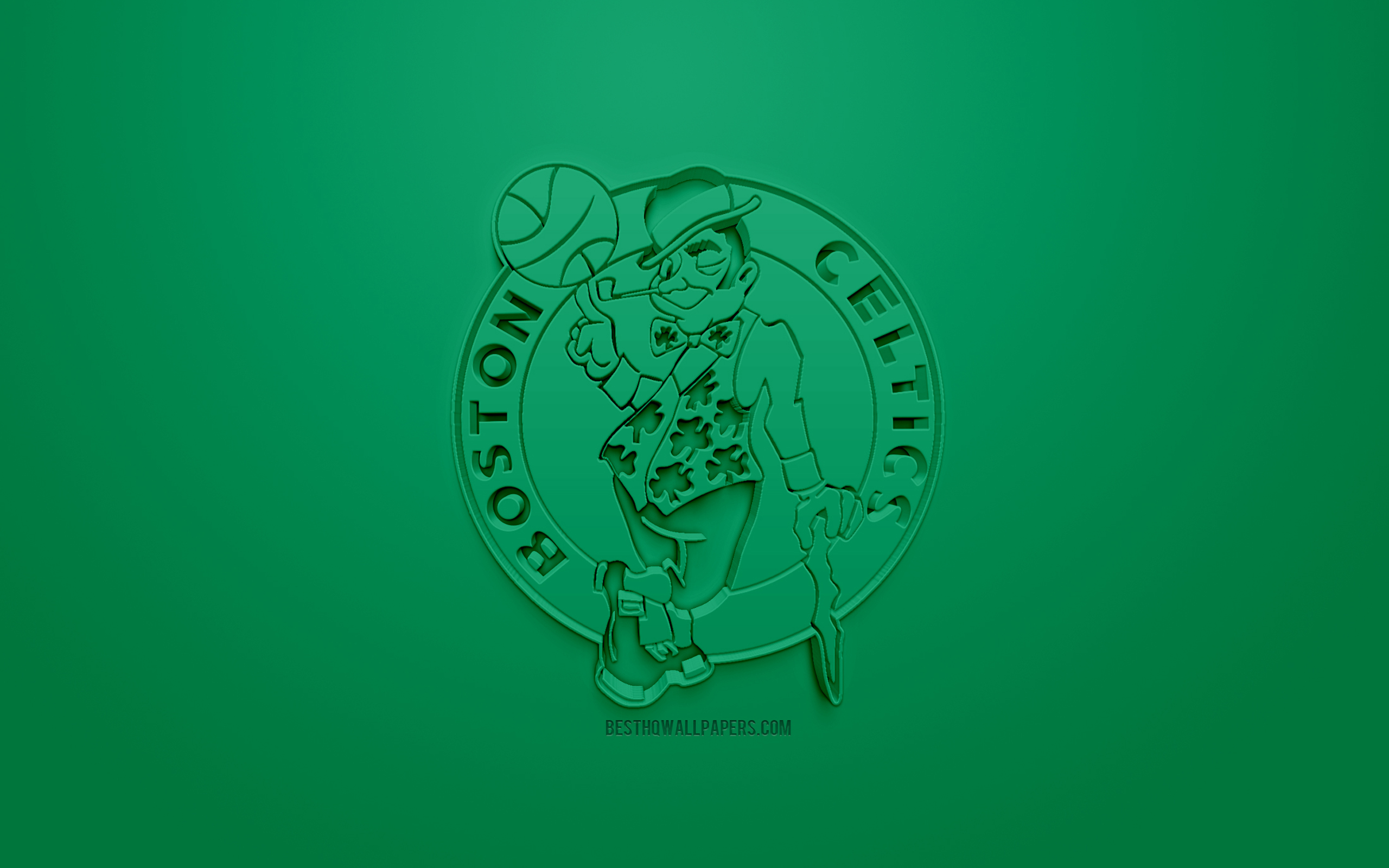 Download wallpaper Boston Celtics, creative 3D logo, green background, 3D emblem, American basketball club, NBA, Boston, Massachusetts, USA, National Basketball Association, 3D art, basketball, 3D logo for desktop with resolution 2560x1600. High