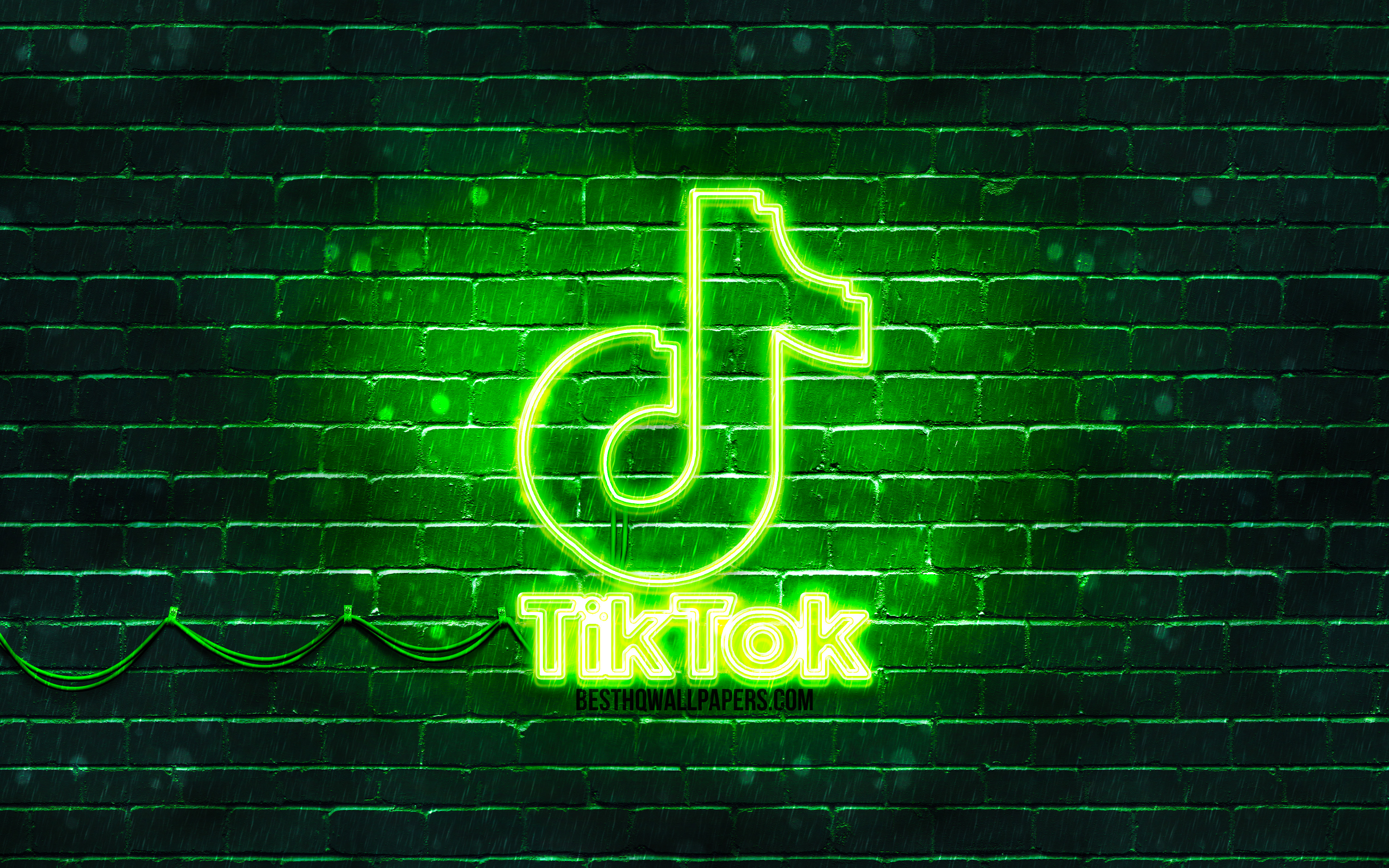 Download wallpaper TikTok green logo, 4k, green brickwall, TikTok logo, social networks, TikTok neon logo, TikTok for desktop with resolution 3840x2400. High Quality HD picture wallpaper