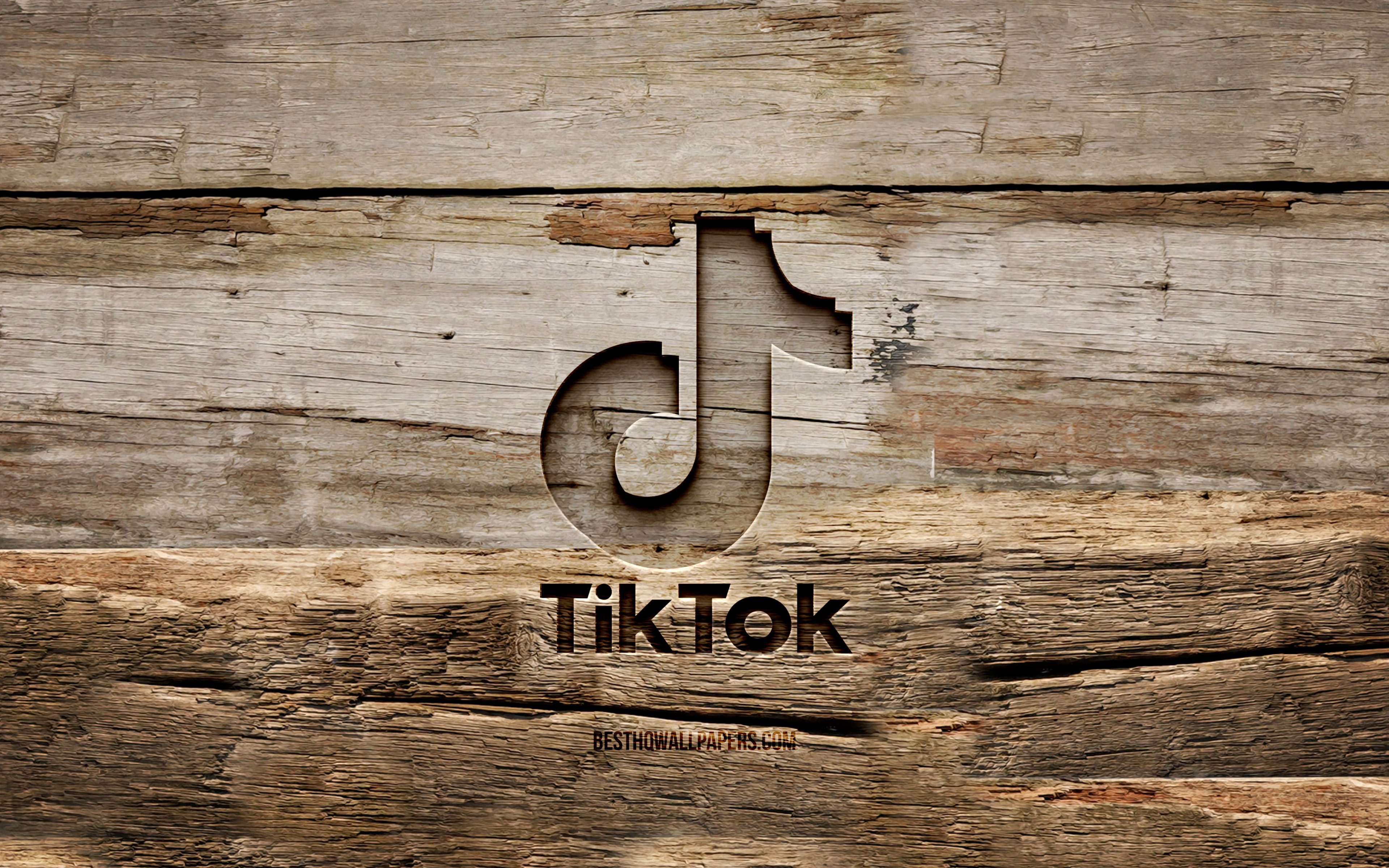 Download wallpaper TikTok wooden logo, 4K, wooden background, social network, TikTok logo, creative, wood carving, TikTok for desktop with resolution 3840x2400. High Quality HD picture wallpaper