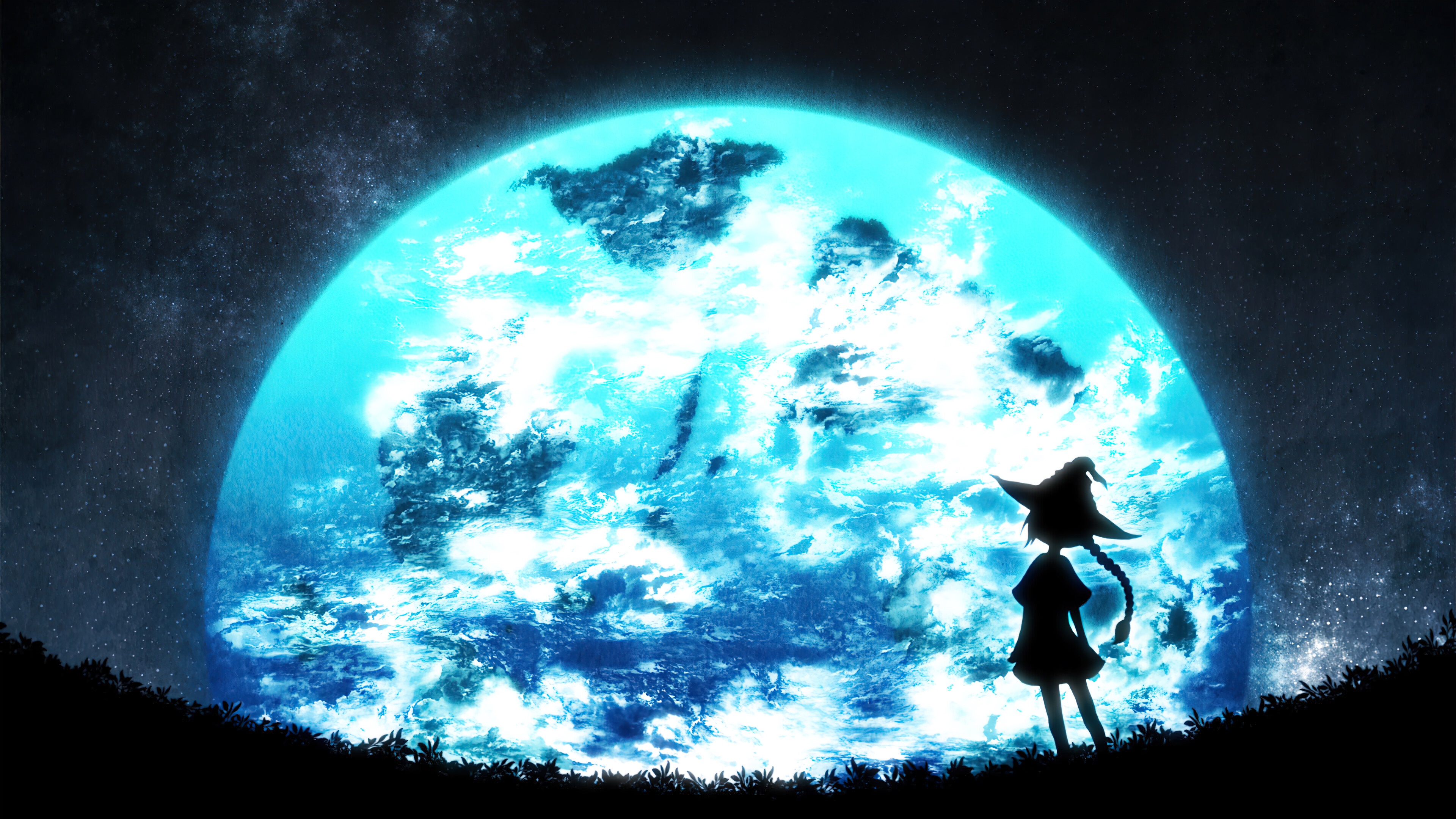 full, moon, night, sky, anime, scenery, silhouette, 4k, pc Gallery HD Wallpaper