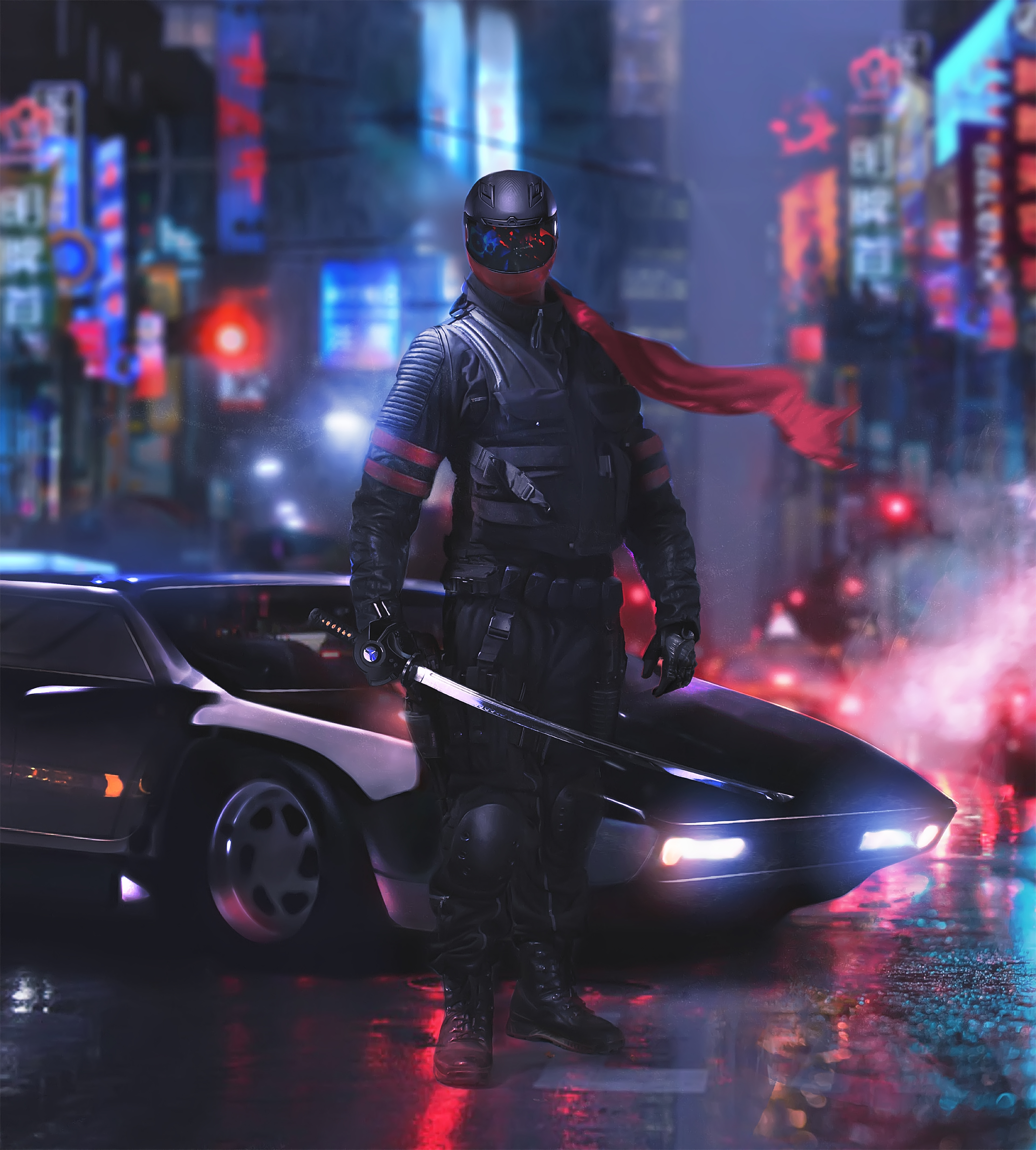 Ninja Warrior Wallpaper 4K, Cyberpunk, Katana, Futuristic