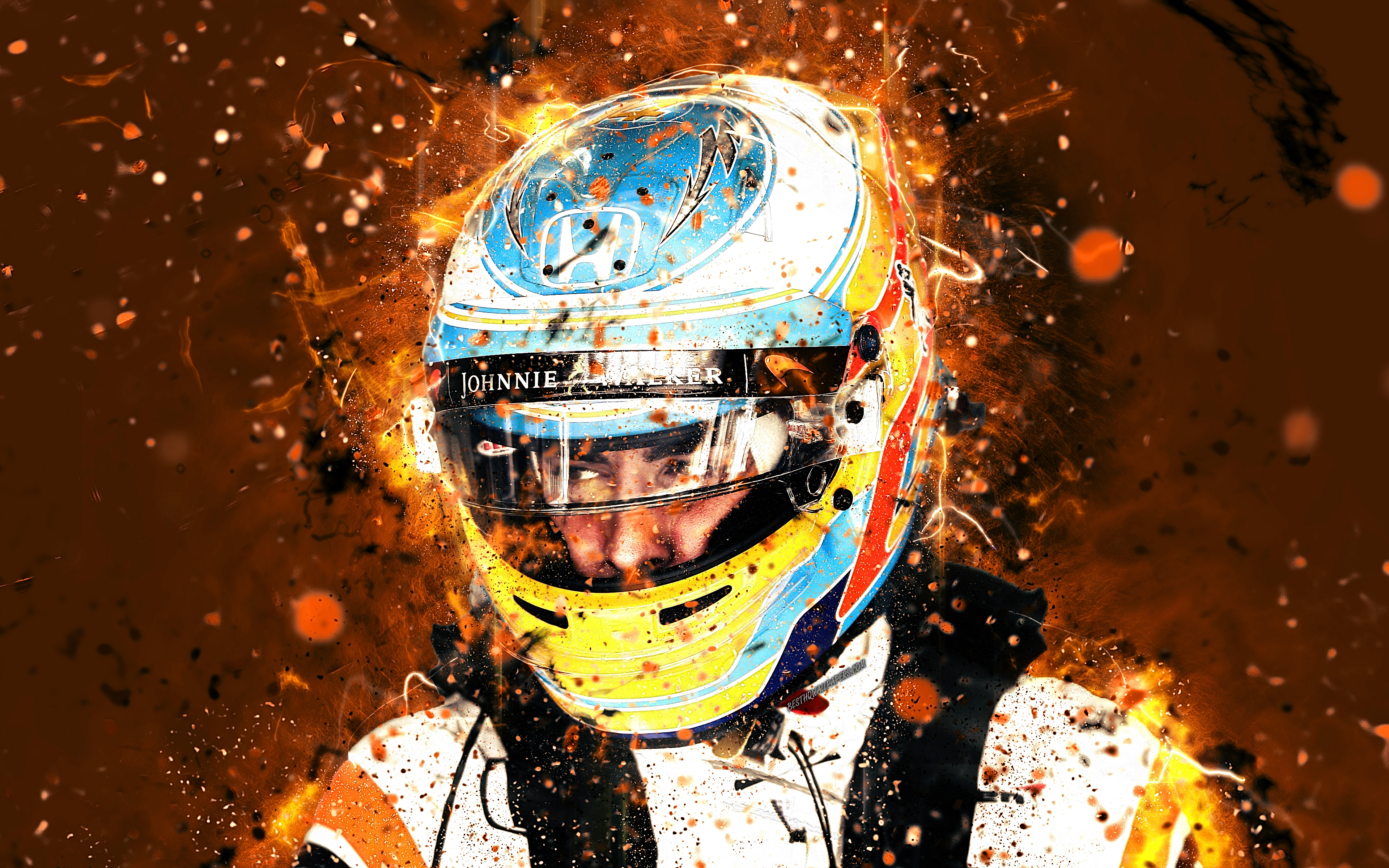 Download wallpaper 4k, Fernando Alonso, abstract art, Formula 1, F1, McLaren 2018, McLaren F1 Team, Alonso, neon lights, Formula One, McLaren for desktop with resolution 3840x2400. High Quality HD picture wallpaper