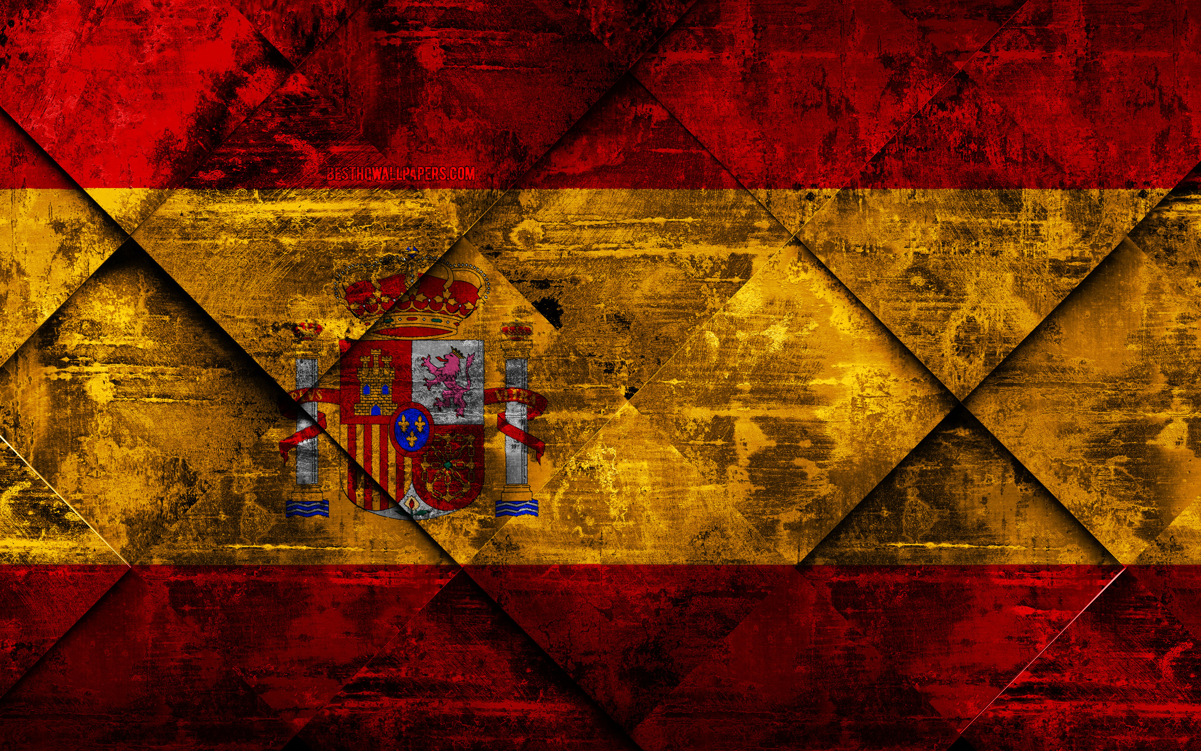 Download wallpaper Flag of Spain, 4k, grunge art, rhombus grunge texture, Spanish flag, Europe, national symbols, Spain, creative art for desktop with resolution 3840x2400. High Quality HD picture wallpaper