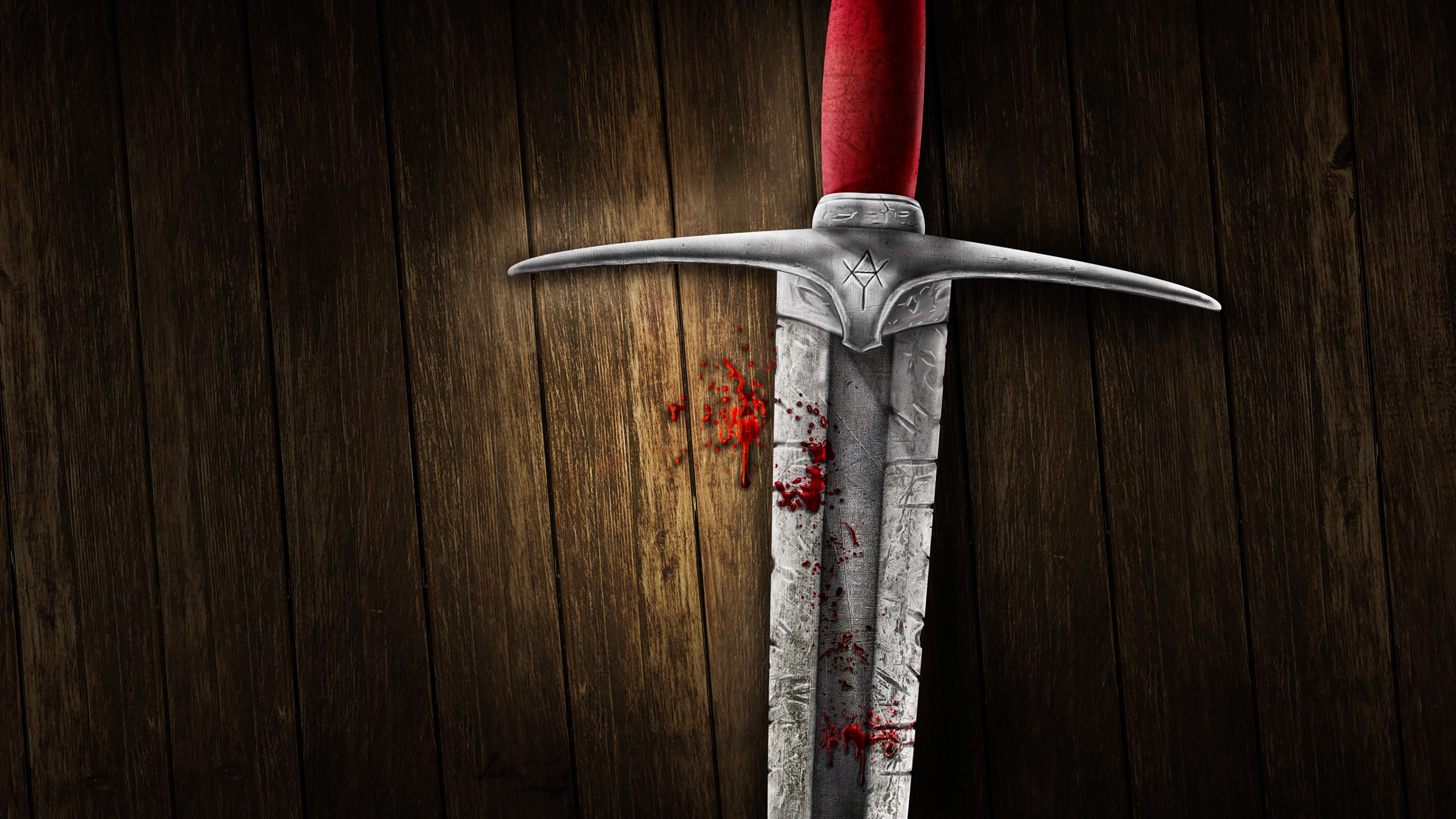 Sword Red Metal Wood Silver 4K Wallpaper