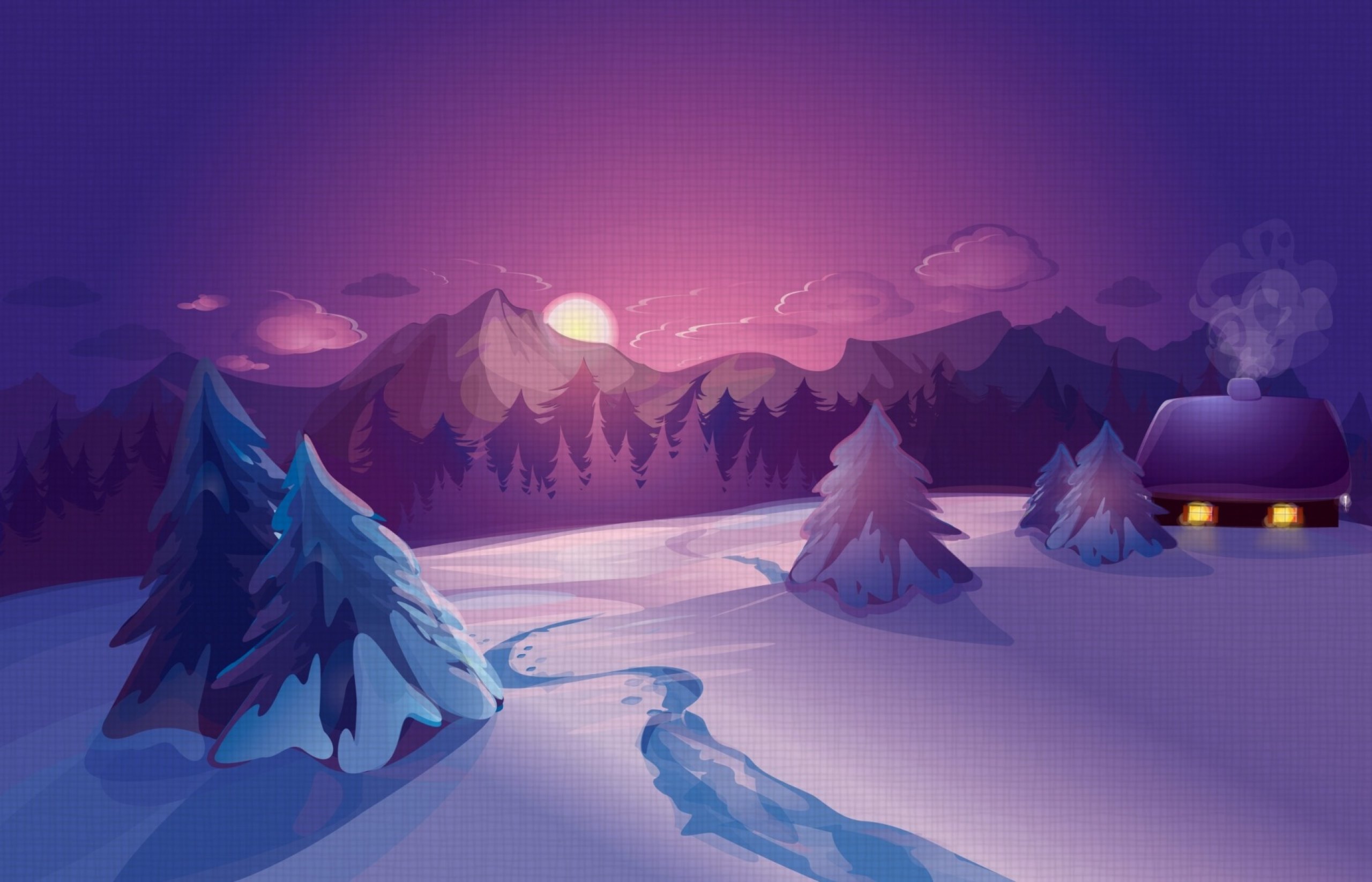 house, sun, winter, tree, purple, snow, morning, white, pink, blue, vector