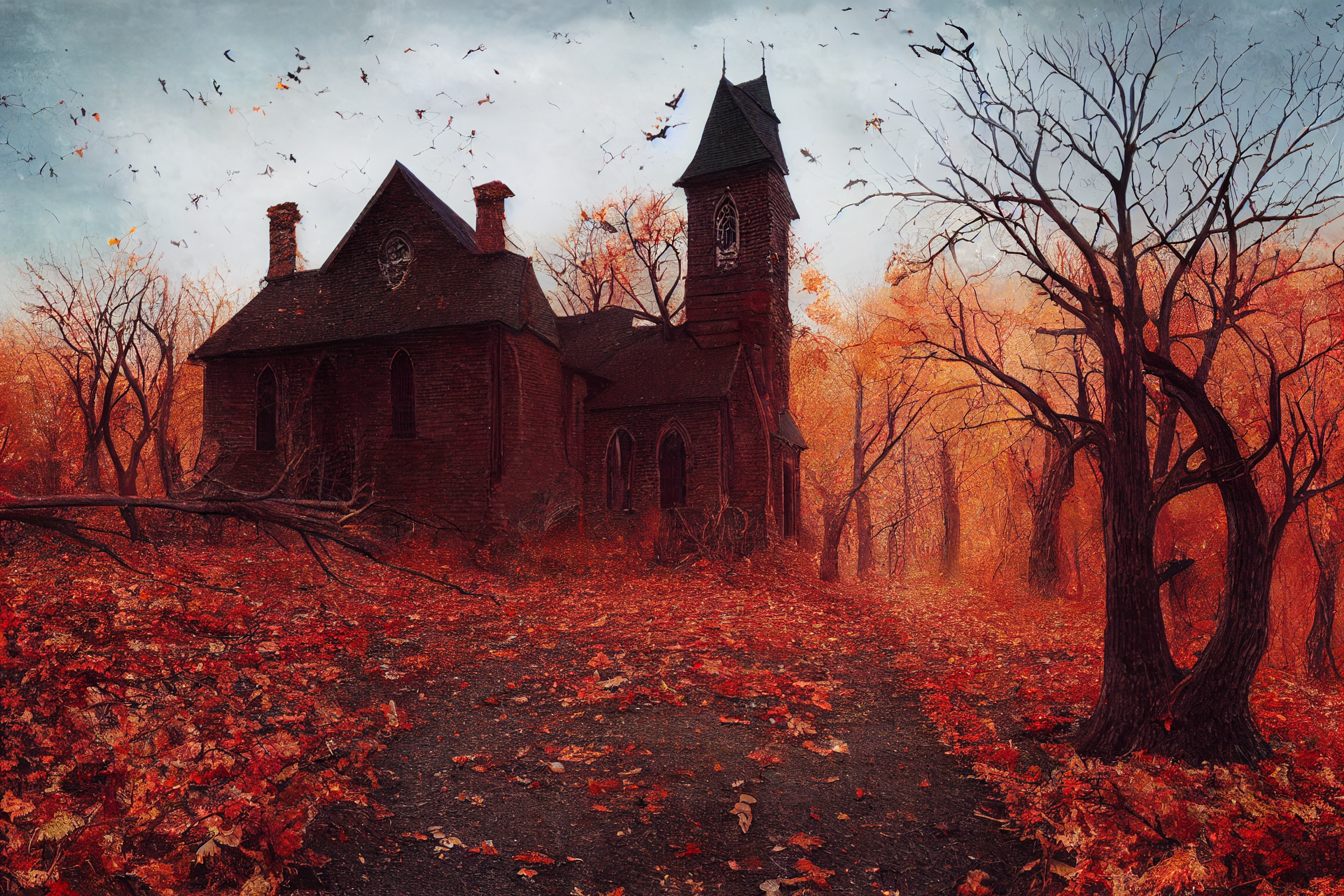 Wallpaper, ghost, house, fall, bats, Halloween, leaves, trees 2304x1536