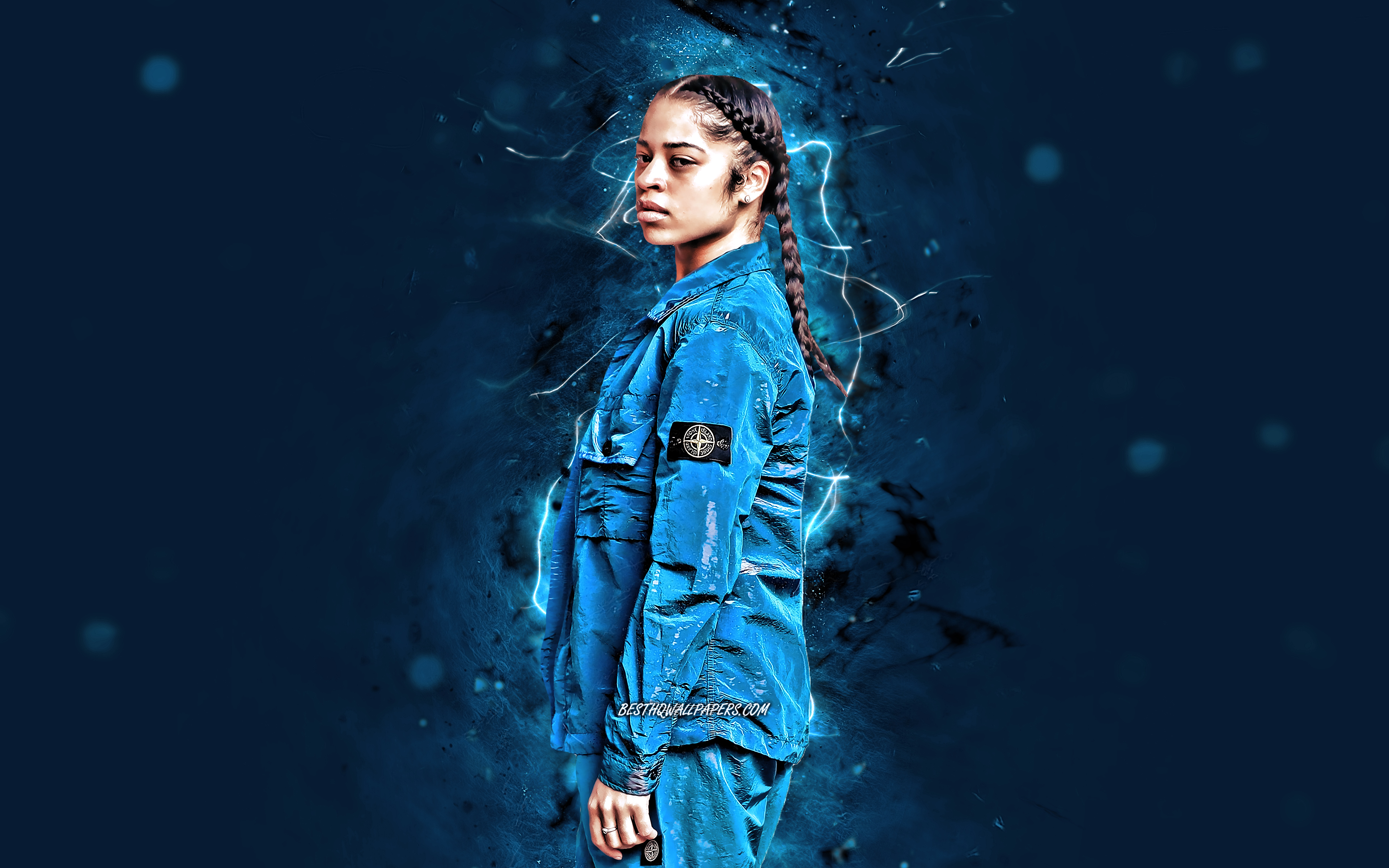 Download wallpaper Ella Mai, 4k, blue neon lights, british singer, music stars, creative, Ella Mai Howell, british celebrity, superstars, Ella Mai 4K for desktop with resolution 3840x2400. High Quality HD picture wallpaper