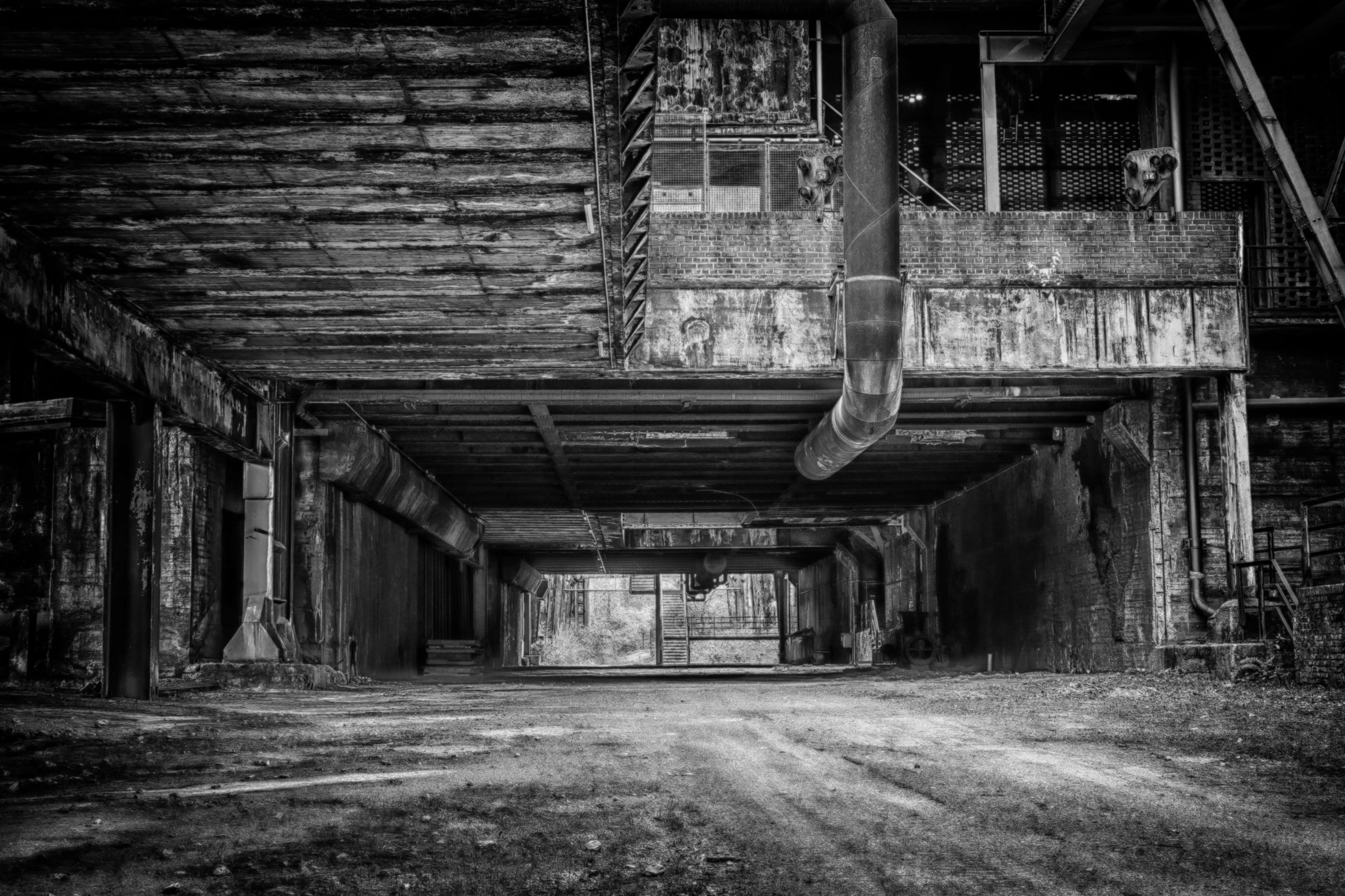 abandoned, architecture, black and white, black and white, building, decay, empty, factory, indoors, industry, old building 4k wallpaper
