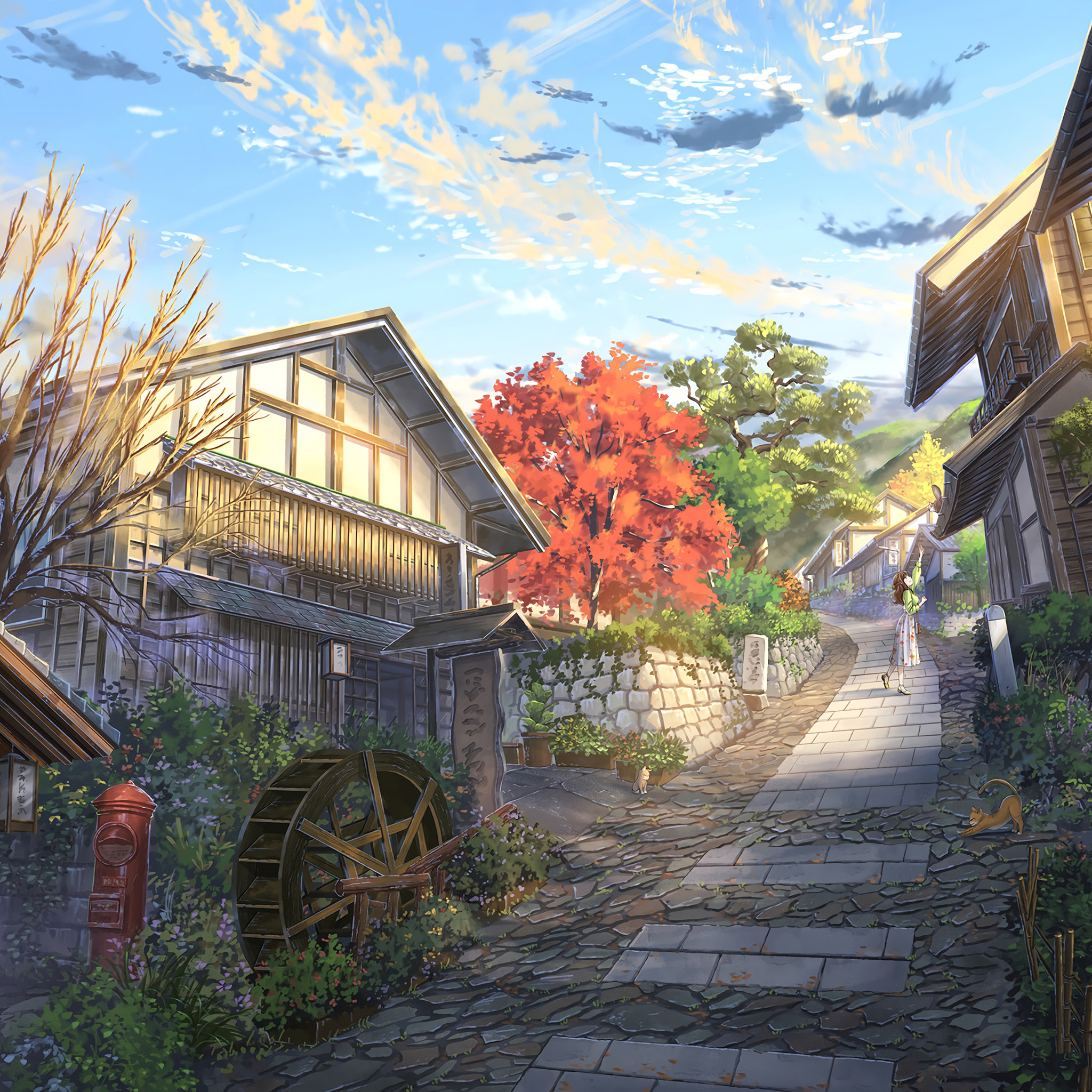 Anime Village Outdoors Sky House Trees Wallpaper:2048x2048