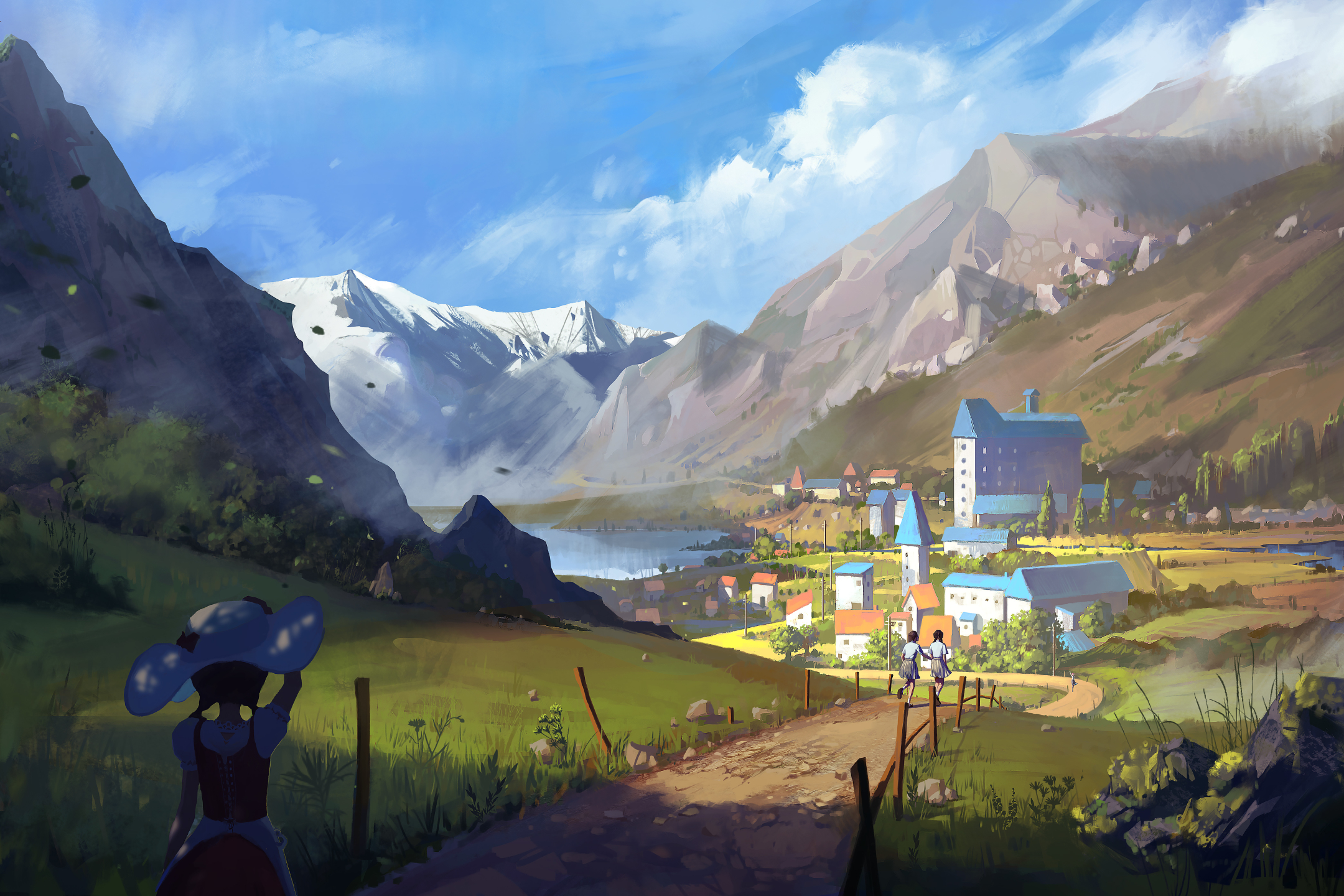 HD desktop wallpaper: Anime, Landscape, Mountain, Village, Hat, Original, Twintails download free picture