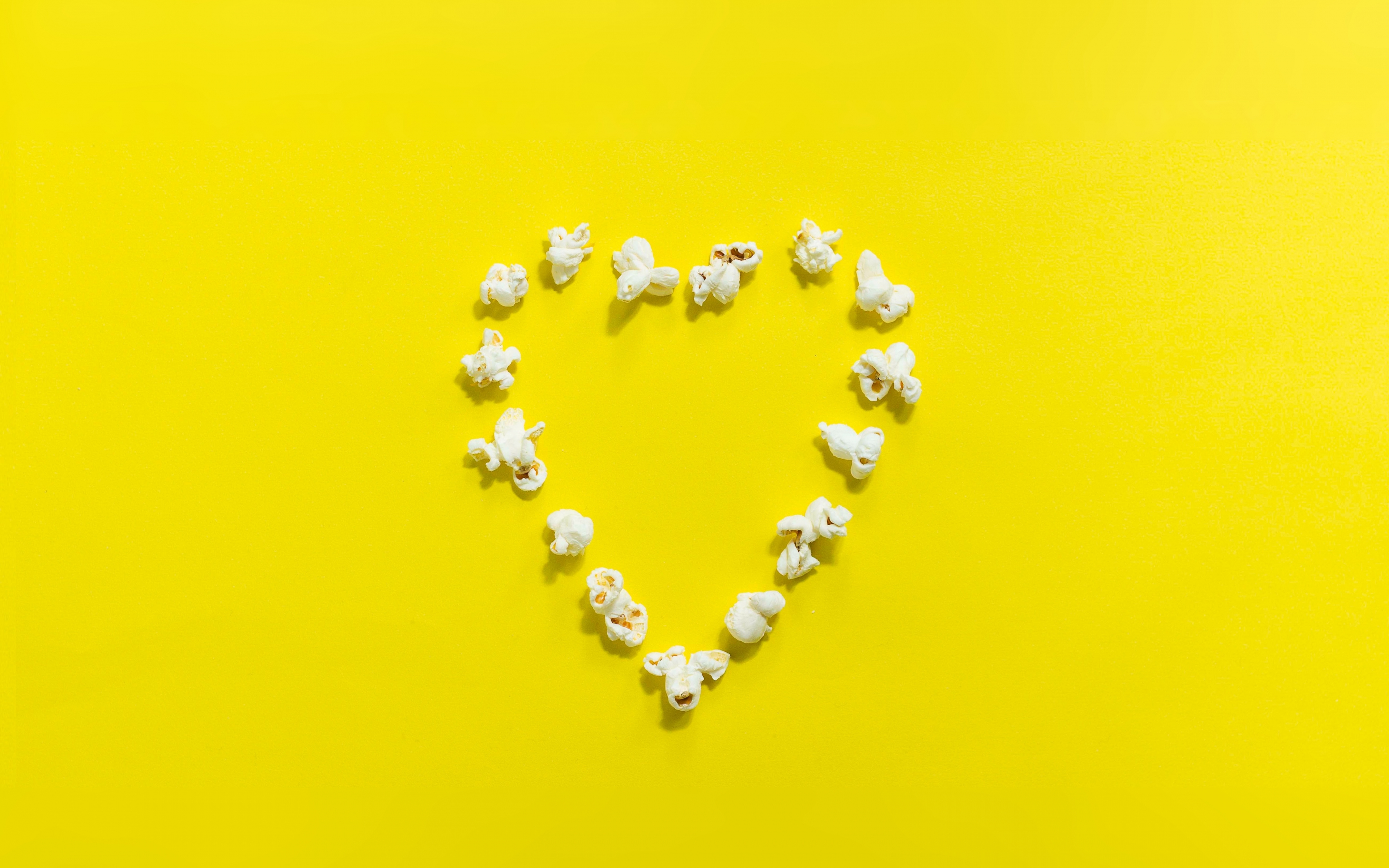 Download wallpaper 3840x2400 popcorn, heart shape, yellow background, minimal 4k wallaper, 4k ultra HD 16:10 wallpaper, 3840x2400 HD background, 18164