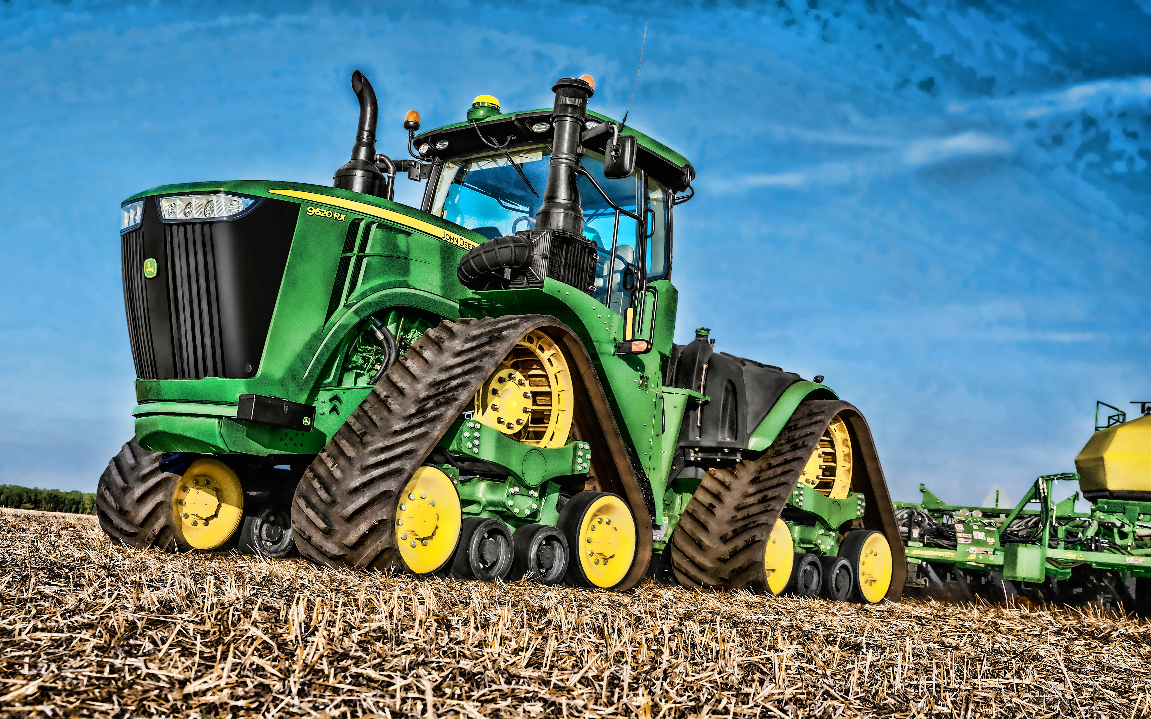 Download wallpaper John Deere 9620RX, 4k, plowing field, 2019 tractors, crawler, agricultural machinery, green tractor, harvest, HDR, agriculture, tractor in the field, John Deere for desktop with resolution 3840x2400. High Quality HD