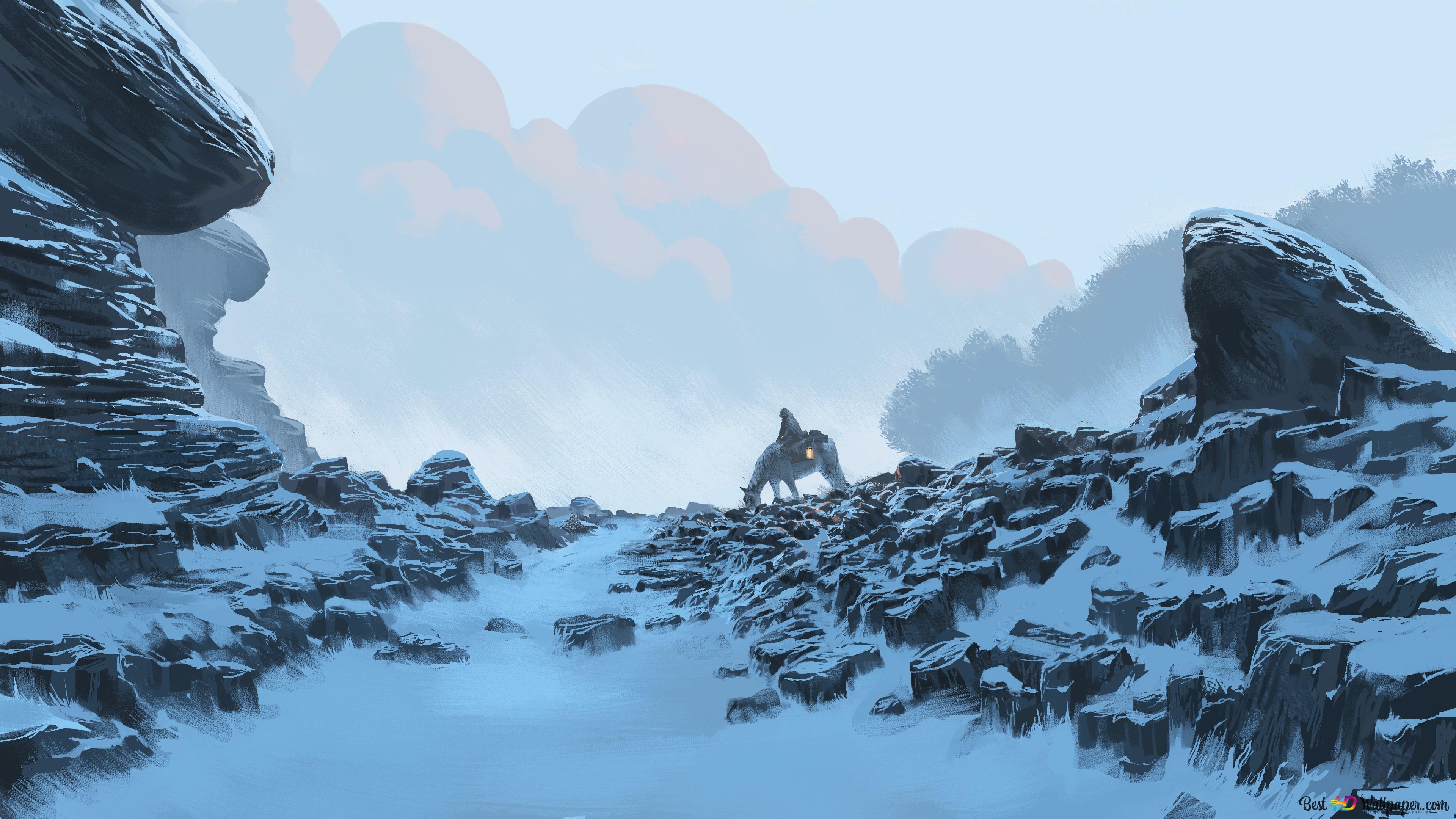 Lone Traveller in Snow Mountains 4K wallpaper download