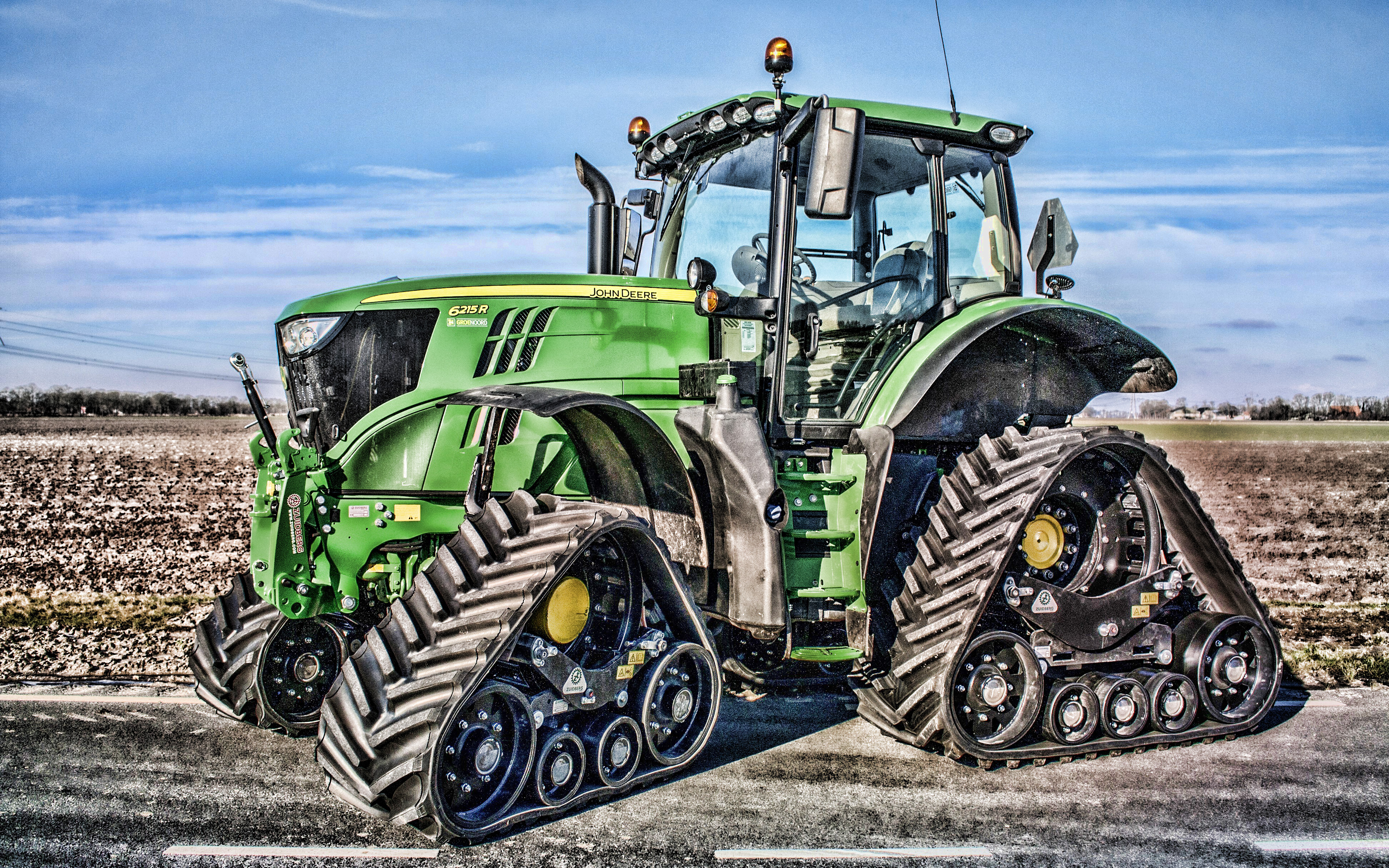 Download wallpaper John Deere 6215R, 4k, tracked tractor, 2019 tractors, agricultural machinery, HDR, tractor on road, agriculture, harvest, John Deere for desktop with resolution 3840x2400. High Quality HD picture wallpaper