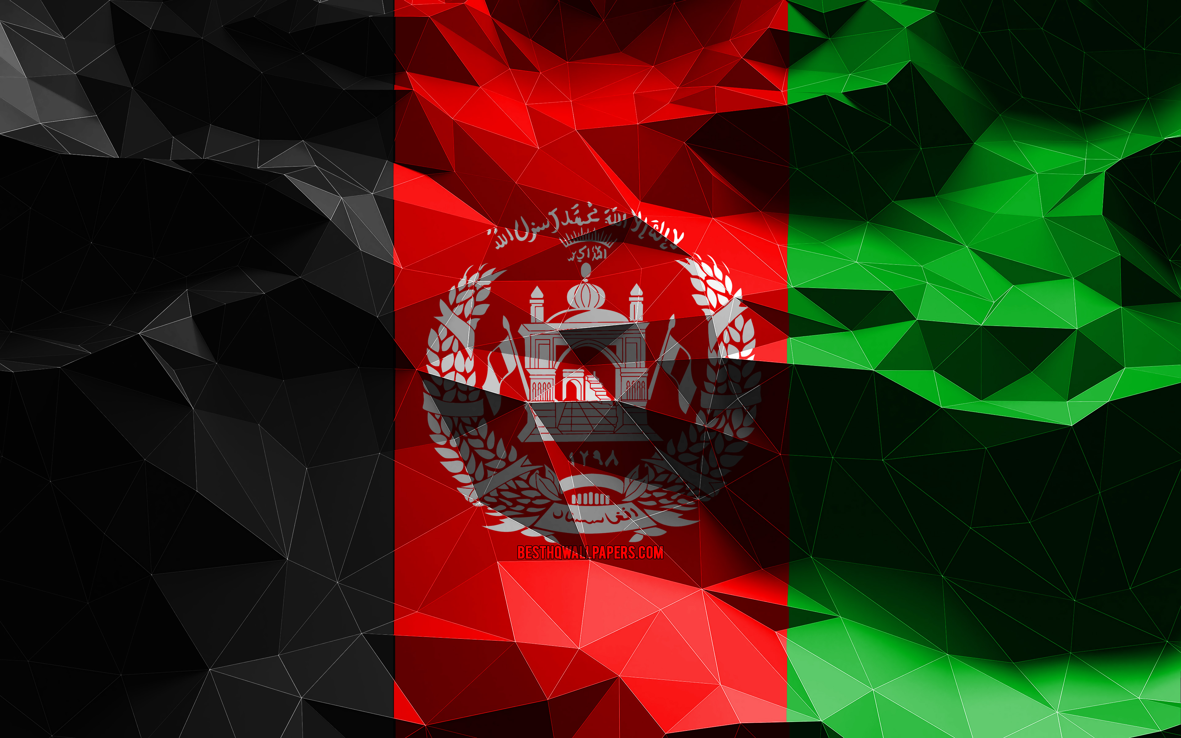 Download wallpaper 4k, Afghan flag, low poly art, Asian countries, national symbols, Flag of Afghanistan, 3D art, Afghanistan, Asia, Afghanistan 3D flag, Afghanistan flag for desktop with resolution 3840x2400. High Quality HD