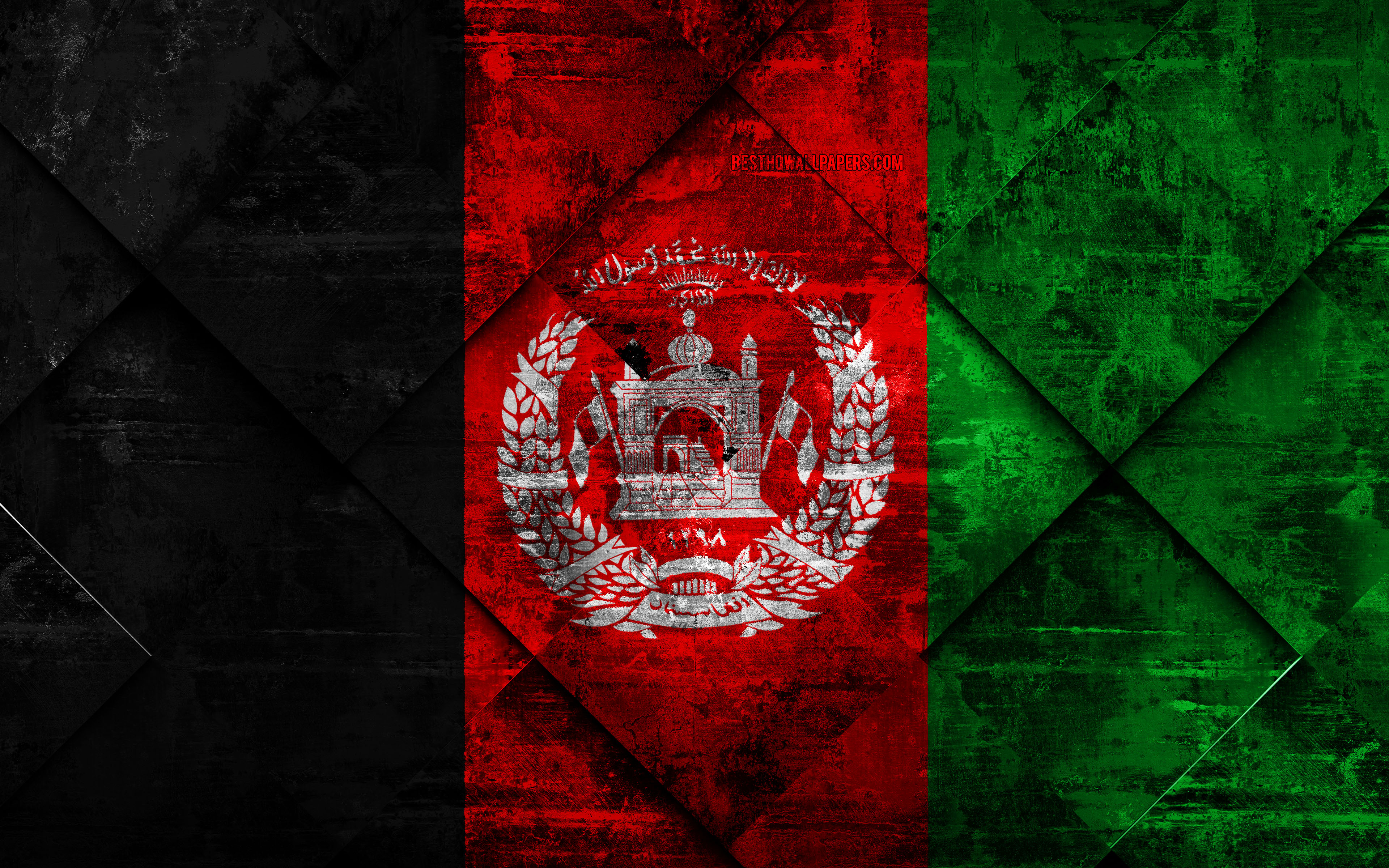 Download wallpaper Flag of Afghanistan, 4k, grunge art, rhombus grunge texture, Afghanistan flag, Asia, national symbols, Afghanistan, creative art for desktop with resolution 3840x2400. High Quality HD picture wallpaper