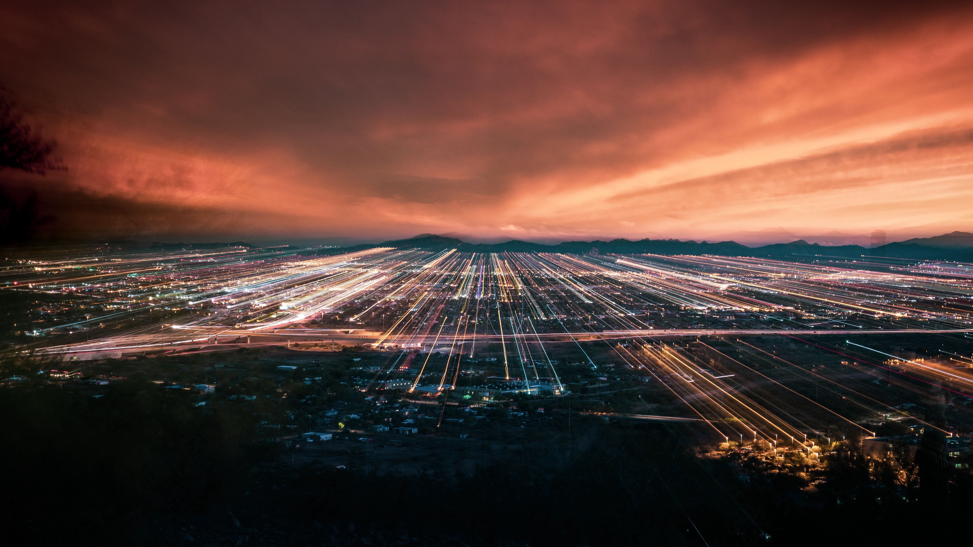 Wallpaper / night city, city lights, aerial view, horizon, night, 4k free download
