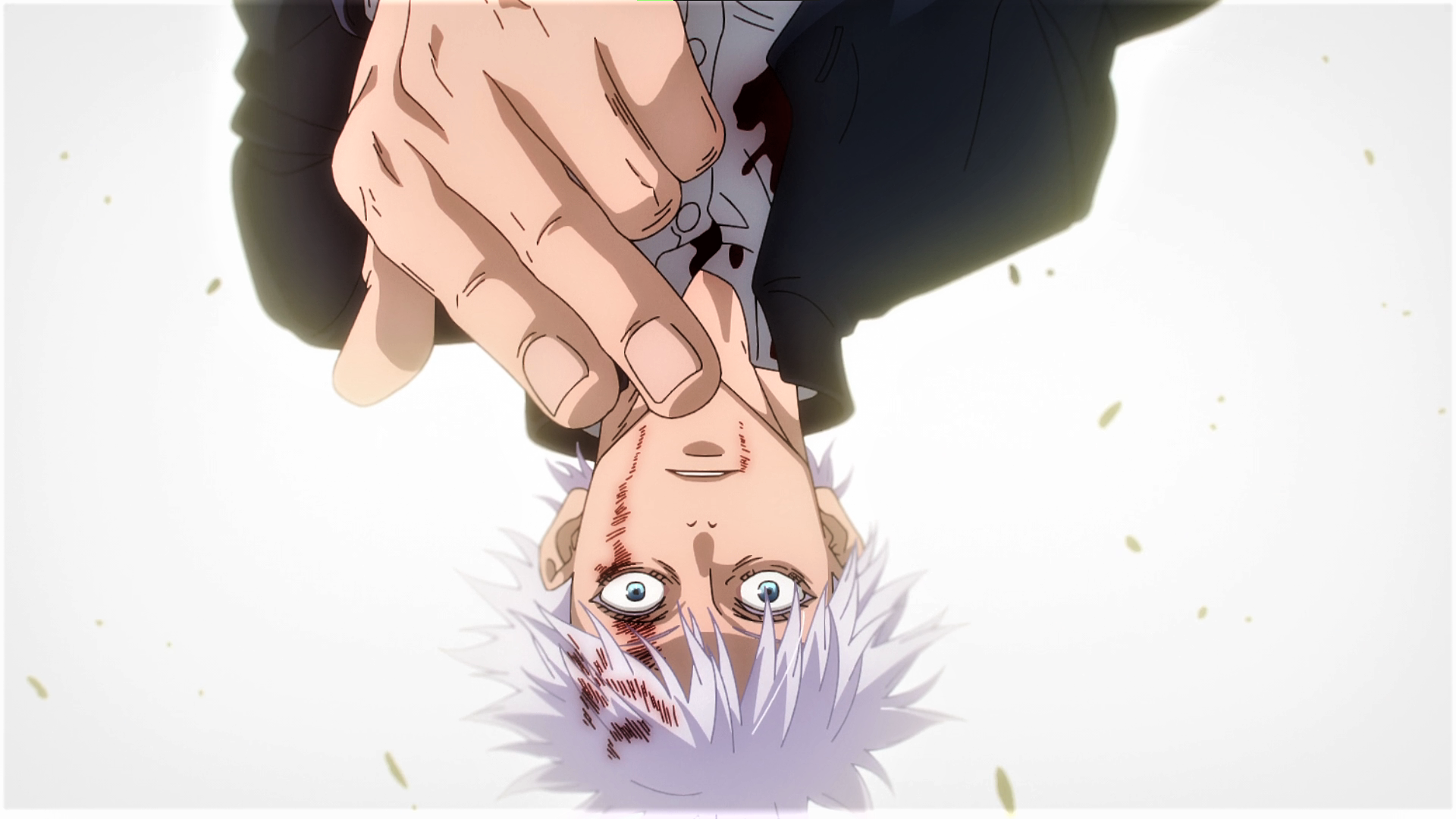 Wallpaper, Jujutsu Kaisen, Satoru Gojo, white hair, blue eyes, hands, uniform, simple background, blood, Anime screenshot, anime boys 1920x1080