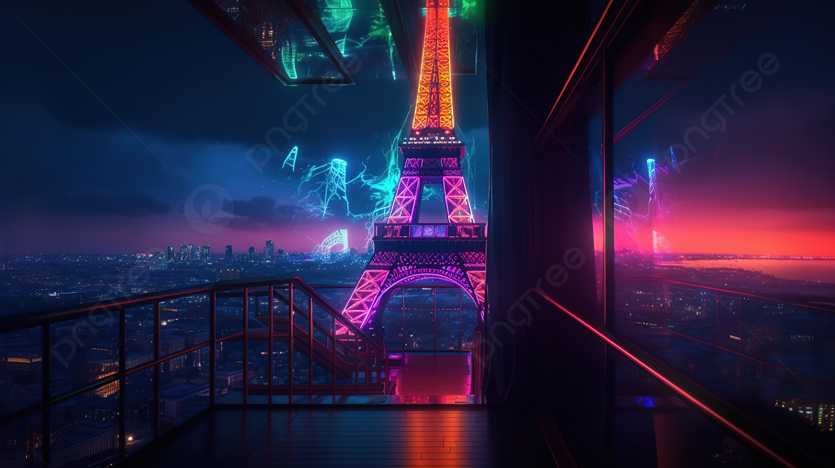 Animated Eiffel Tower Wallpaper Paris 2018 Background, 3D Render Eiffel Tower On The Left Background Cyberpunk Evening Neon Glow, HD Photography Photo Background Image And Wallpaper for Free Download
