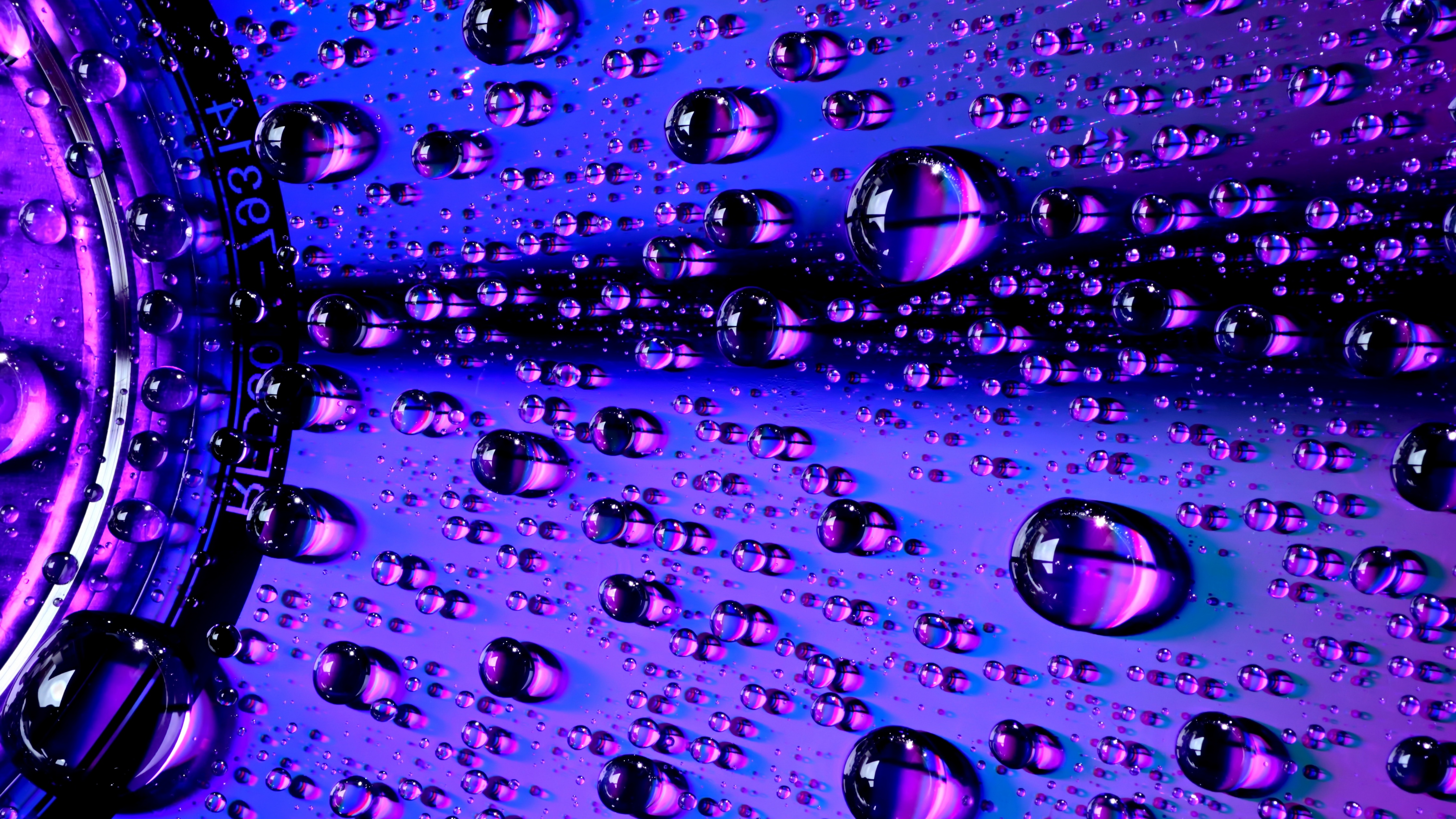 Water droplets Wallpaper 4K, Macro, Purple light, Closeup, CD