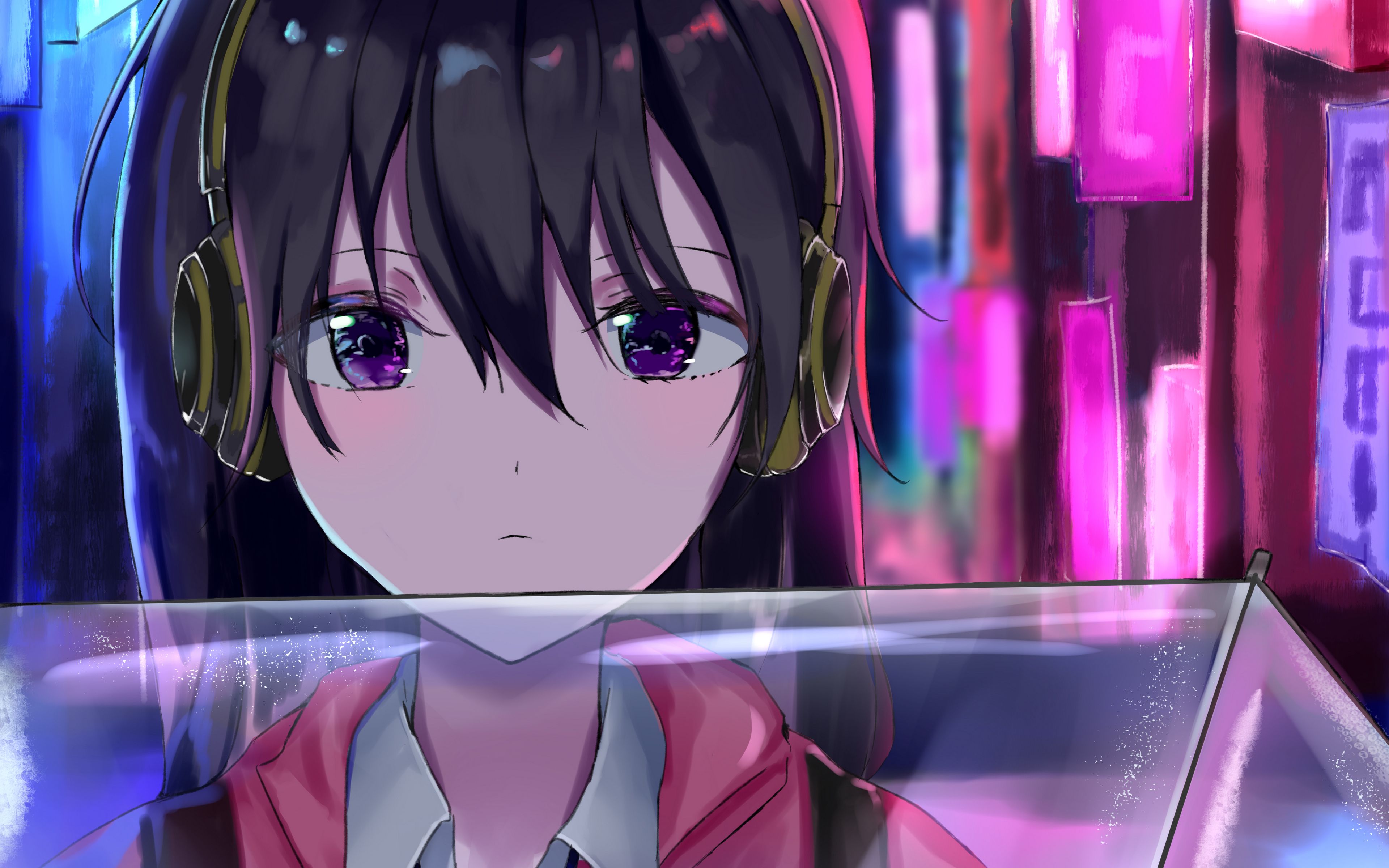 Download wallpaper 3840x2400 girl, headphones, signs, neon, anime 4k ultra HD 16:10 HD background