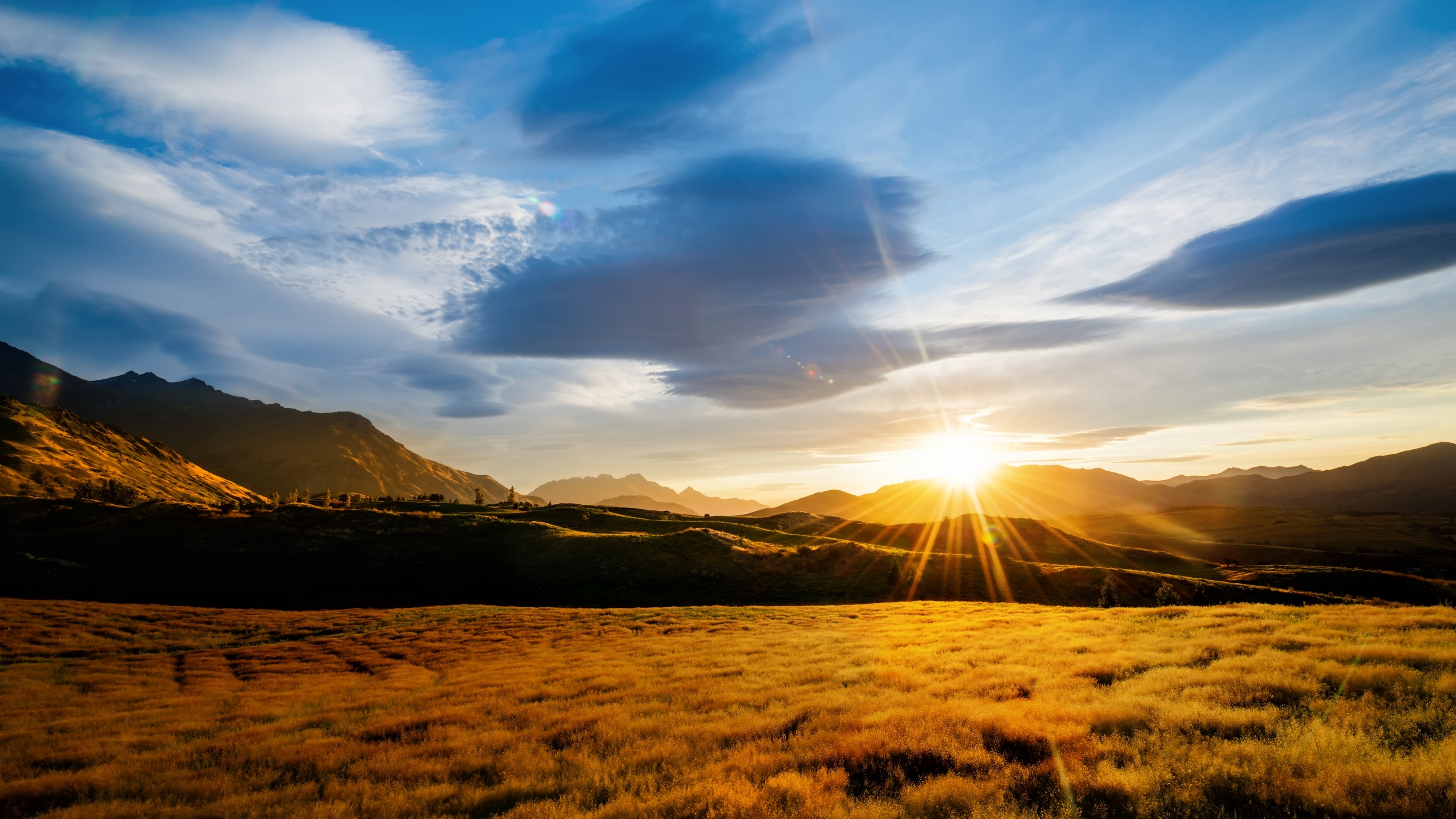 Wallpaper Meadows, HD, 4k wallpaper, mountains, sunset, sky, clouds, Nature