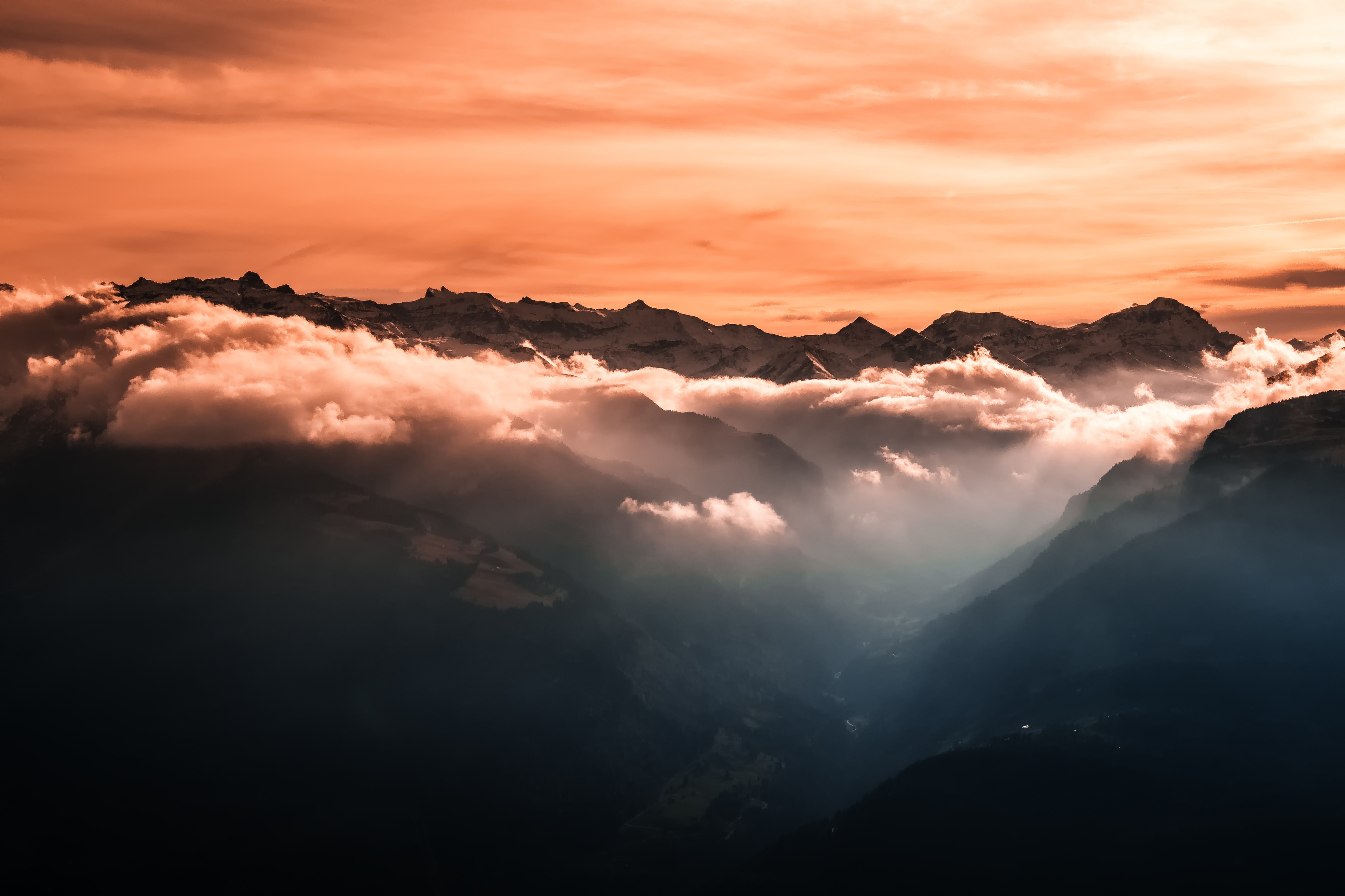 4k Fog Mountains Orange Sky, HD Nature, 4k Wallpaper, Image, Background, Photo and Picture