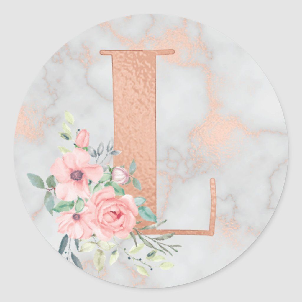 Rose Gold Marble Pink Flowers Monogram Letter L Classic Round Sticker. Zazzle. Rose gold marble, Monogram wallpaper, Monogram letters