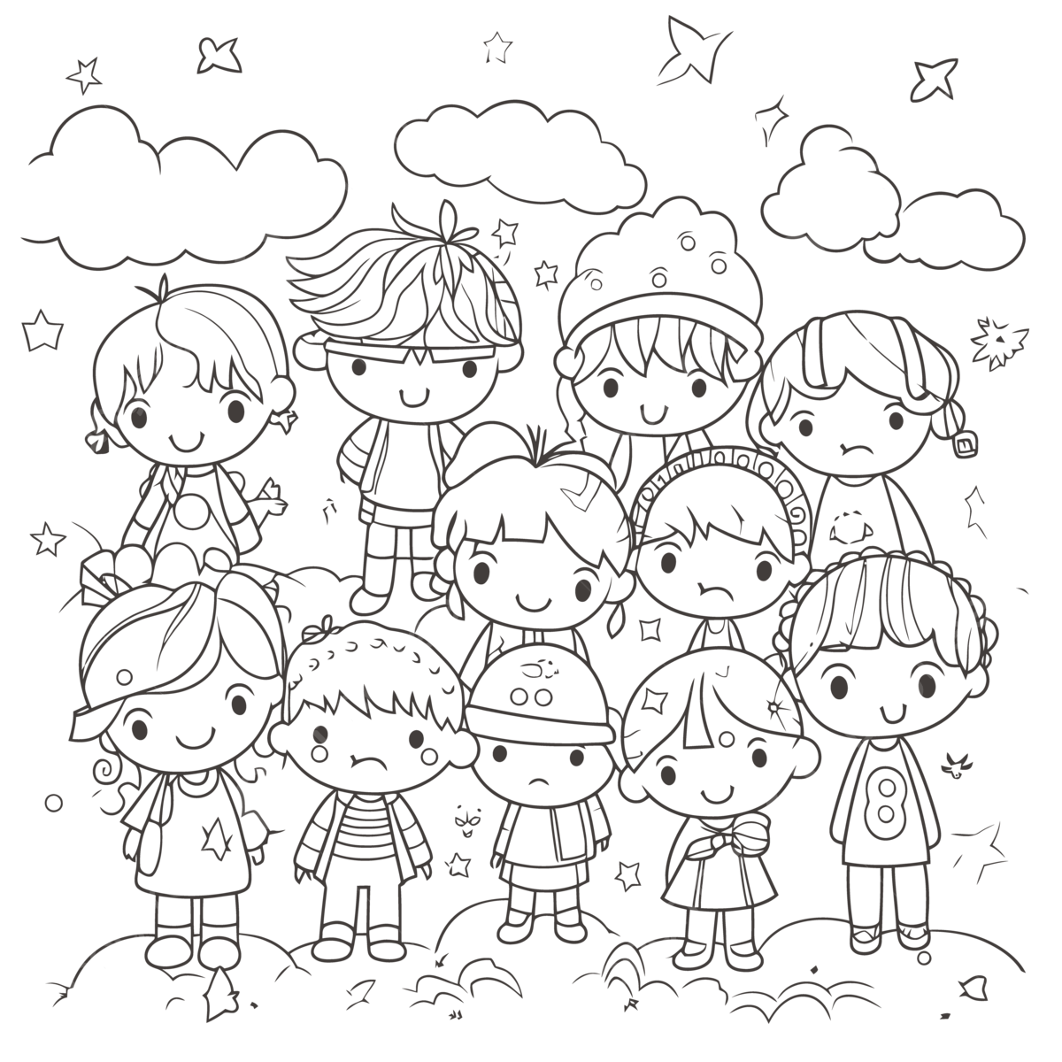 Children With Stars Coloring Page Vector, Basic Simple Cute Cartoon Wallpaper Outline, Isolated On White Background, Children S Coloring Page PNG and Vector with Transparent Background for Free Download