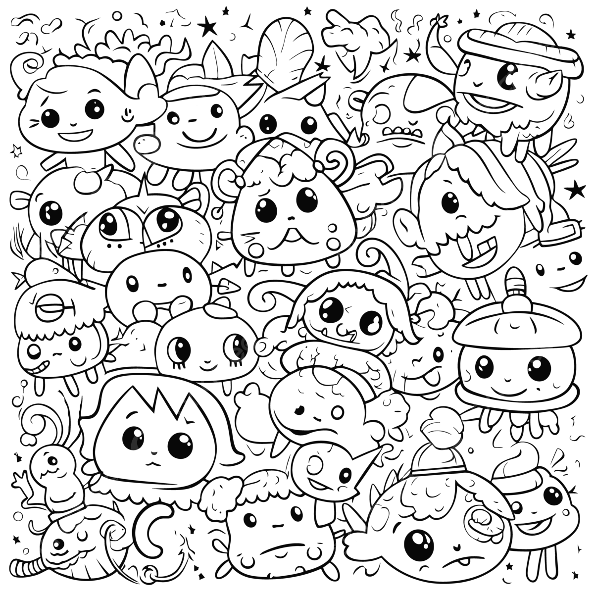 All Kinds Of Characters Coloring Page Cute Critters With Cartoon Polka Lines On The Background Outline Sketch Drawing Vector, Wallpaper Drawing, Wallpaper Outline, Wallpaper Sketch PNG and Vector with Transparent Background for