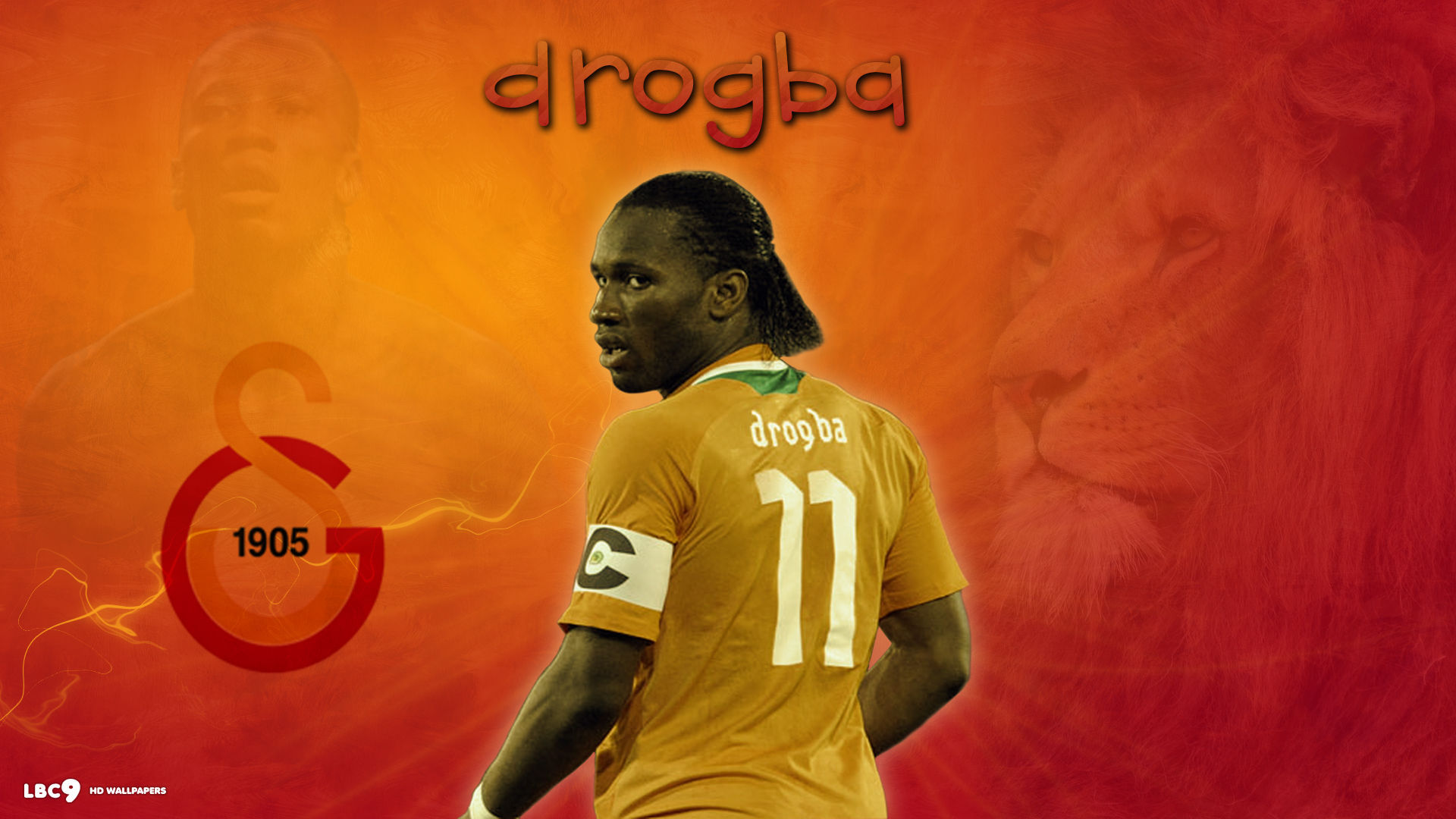 The forward of Galatasaray Didier Drogba on orange background Desktop wallpaper 1440x900