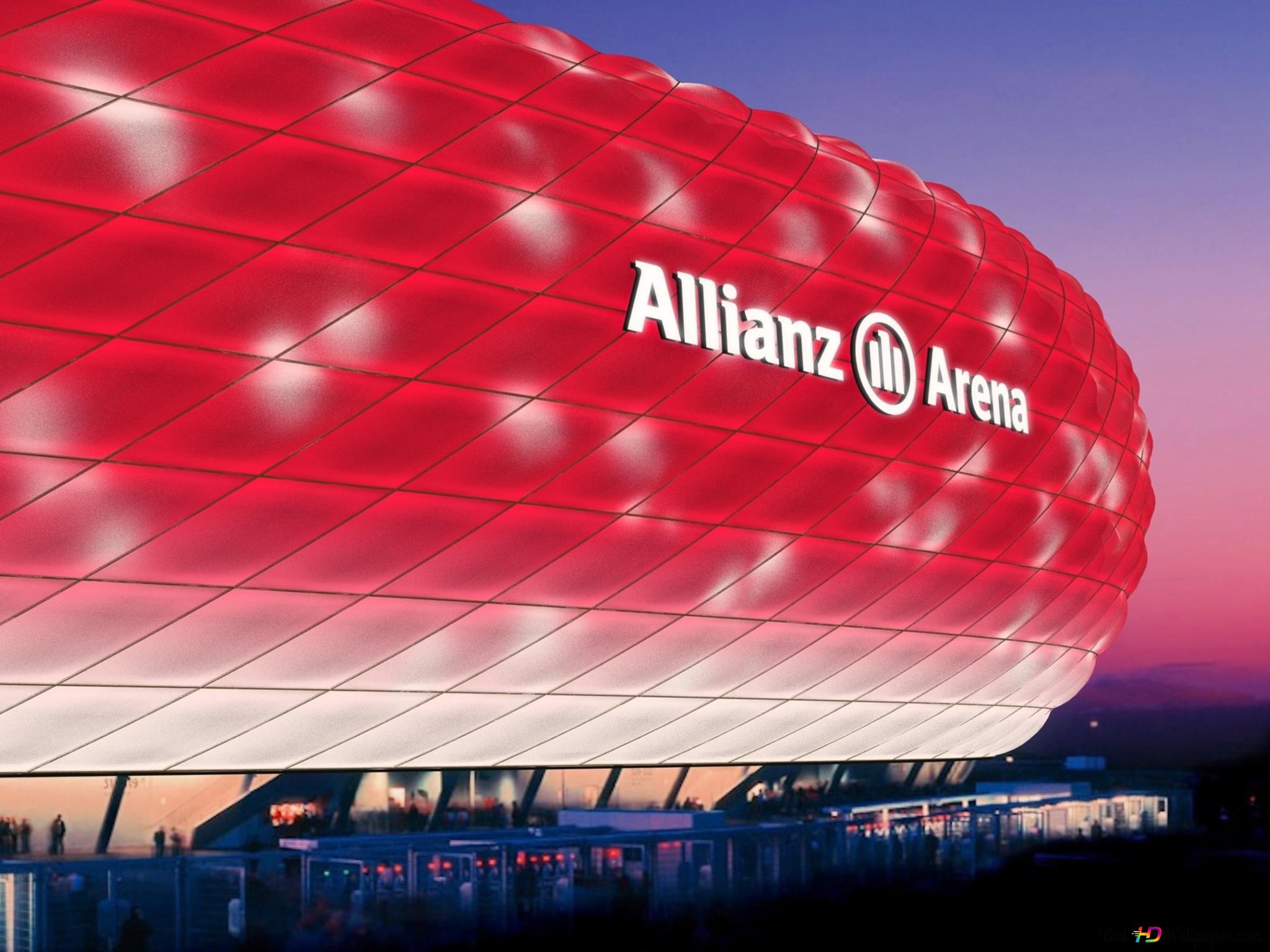 Allianz arena in red and white colors of FC bayern munich, one of the German bundesliga league football clubs 4K wallpaper download