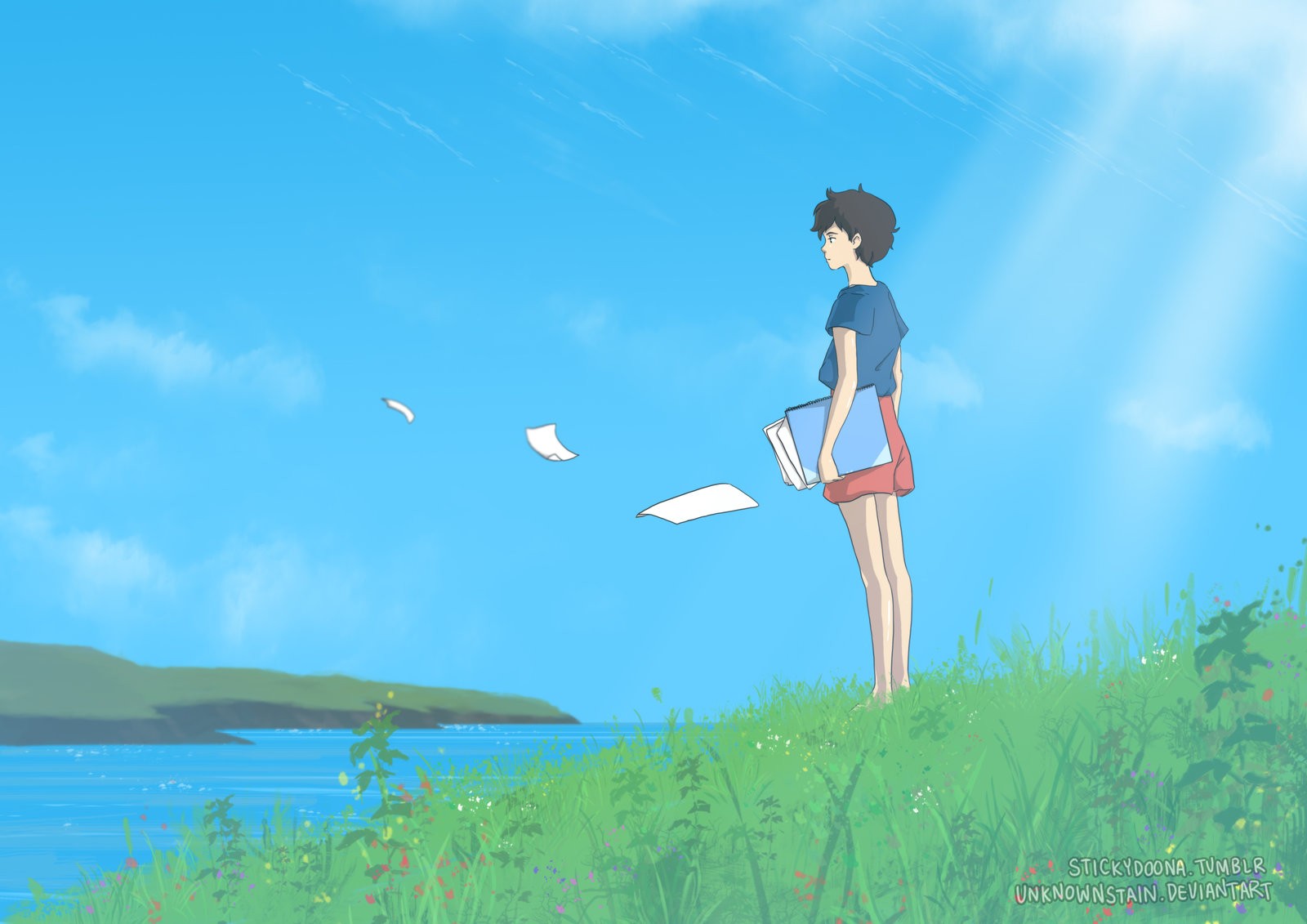 Wallpaper, sea, anime girls, river, clear sky, wind, When Marnie Was There, meadow 1600x1131