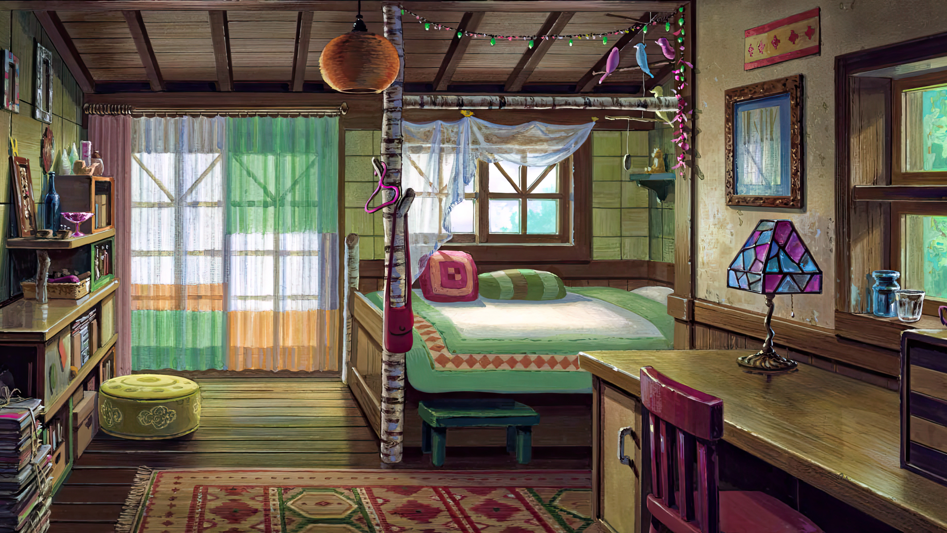 Wallpaper, When Marnie Was There, Studio Ghibli, animated movies, film stills, interior, anime, table, bed, curtains, carpet, window, pillow, lamp, shelves, hanger, ceiling 1920x1080