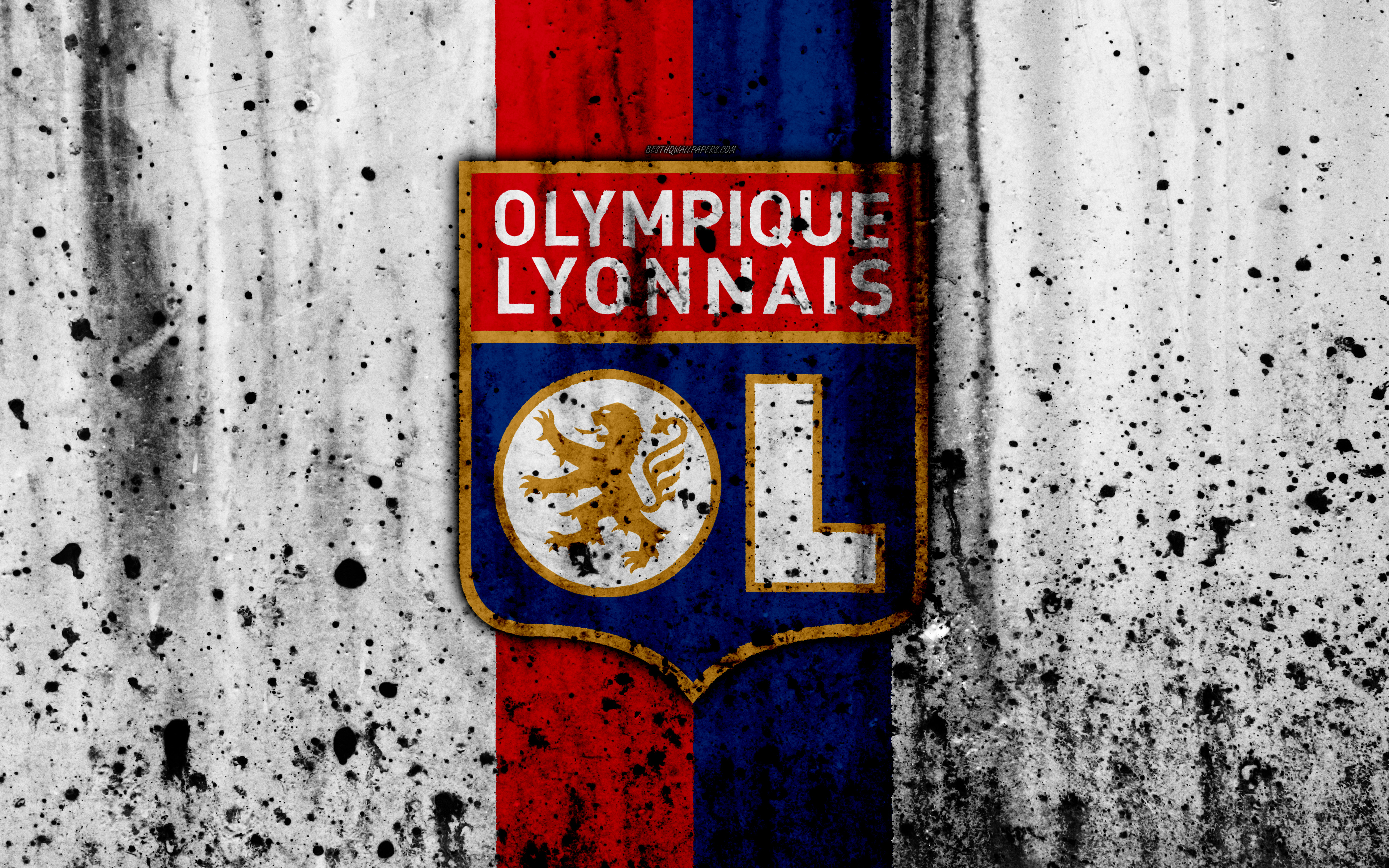 Download wallpaper FC Olympique Lyon, 4k, logo, Ligue 1, stone texture, Olympique Lyon, grunge, soccer, football club, Lyon, metal texture, Liga 1, Olympique Lyon FC for desktop with resolution 3840x2400. High Quality