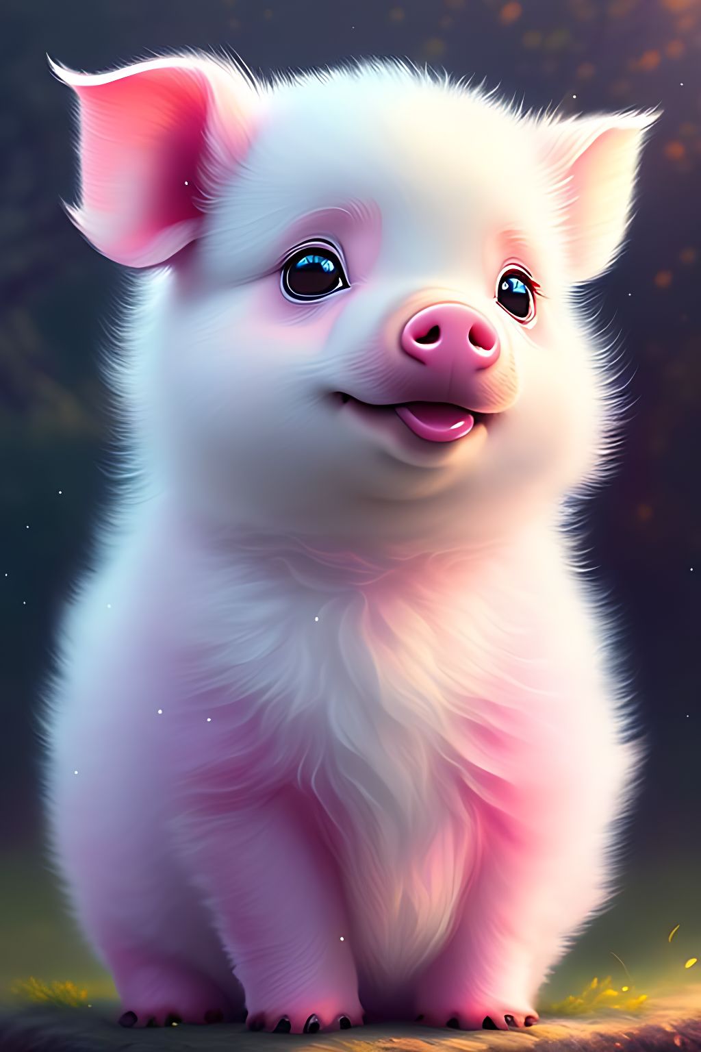 Sana: a cute fat adorable very fluffy pink piglet on the farm, lovely, detailed white fur, happy smile, big reflective eyes, chibi kawaii, dreamlike fantasy, rainbow, summer vibe