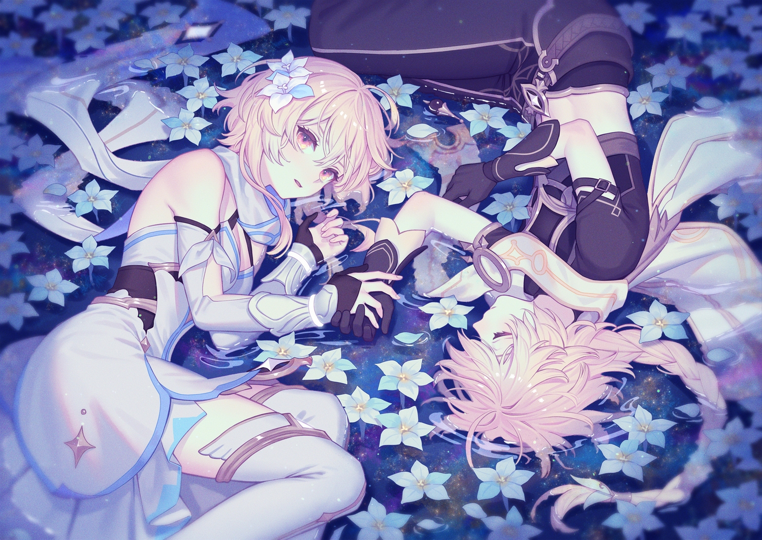 aether (genshin impact) blonde hair braids dress esukee flowers genshin impact long hair lumine (genshin impact) male ponytail scarf water. konachan.com.com Anime Wallpaper