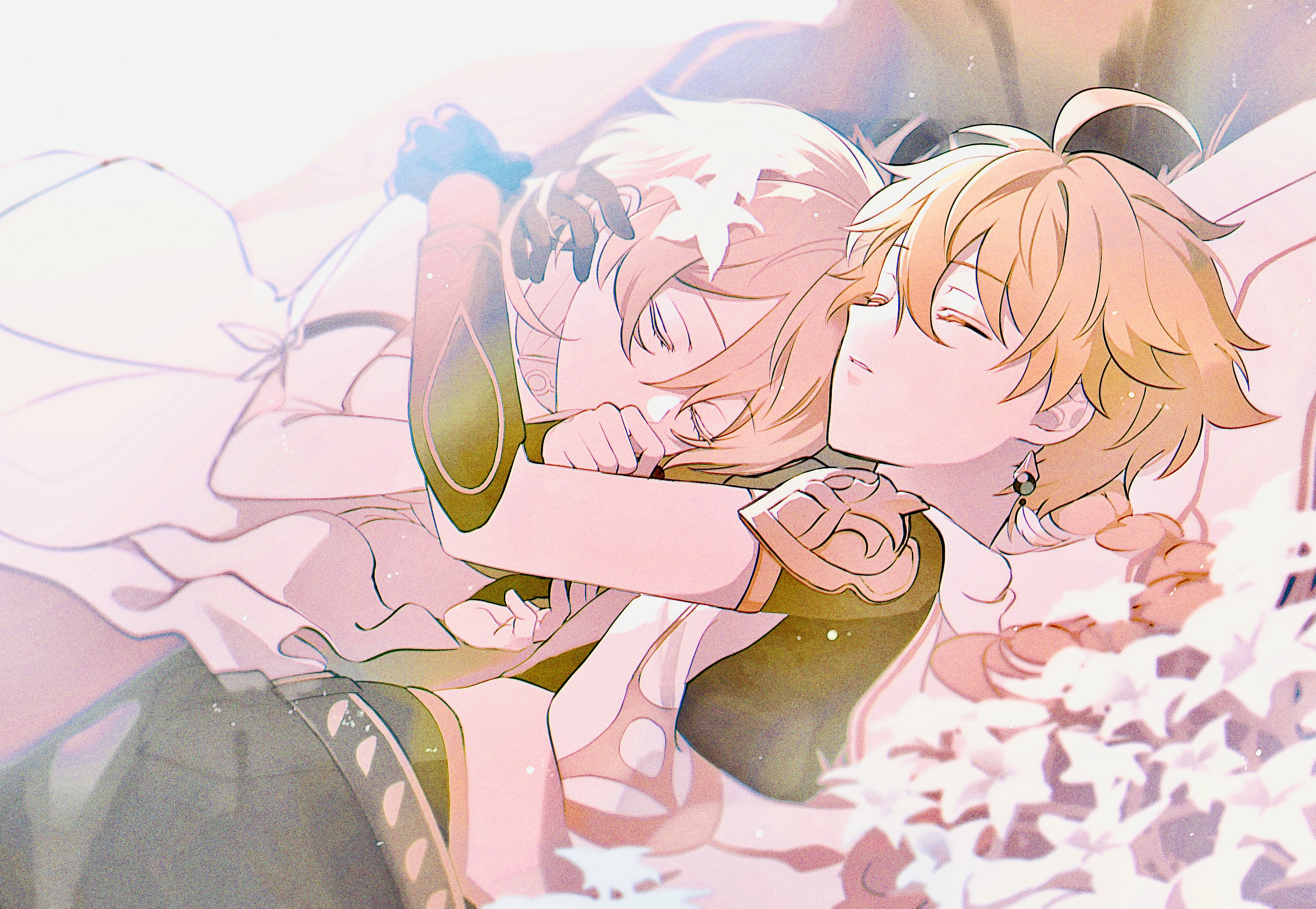 HD desktop wallpaper: Sleeping, Video Game, Genshin Impact, Aether (Genshin Impact), Lumine (Genshin Impact) download free picture