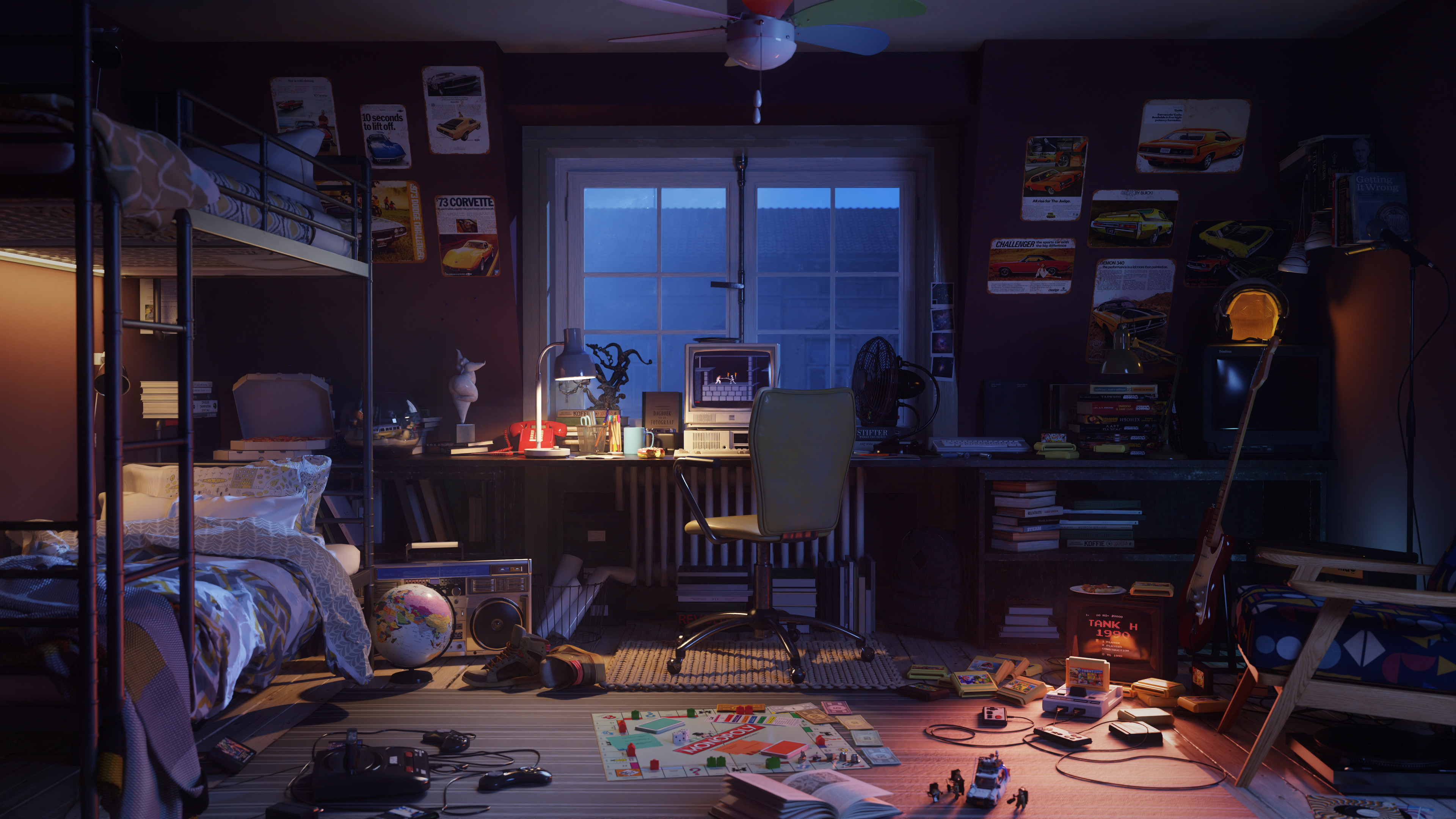 Wallpaper, Andrew Averkin, Retro computers, retro games, indoors, office, retro console, CRT Monitor, night, digital art, artwork 3840x2160