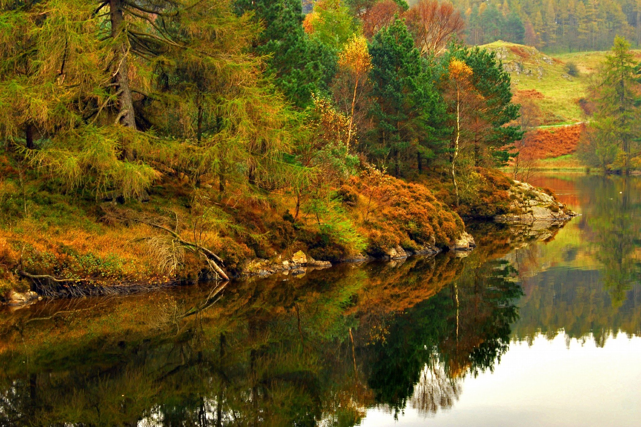 Wallpaper, 2048x1365 px, autumn, Cumbria, district, England, forest, lake, reflection 2048x1365