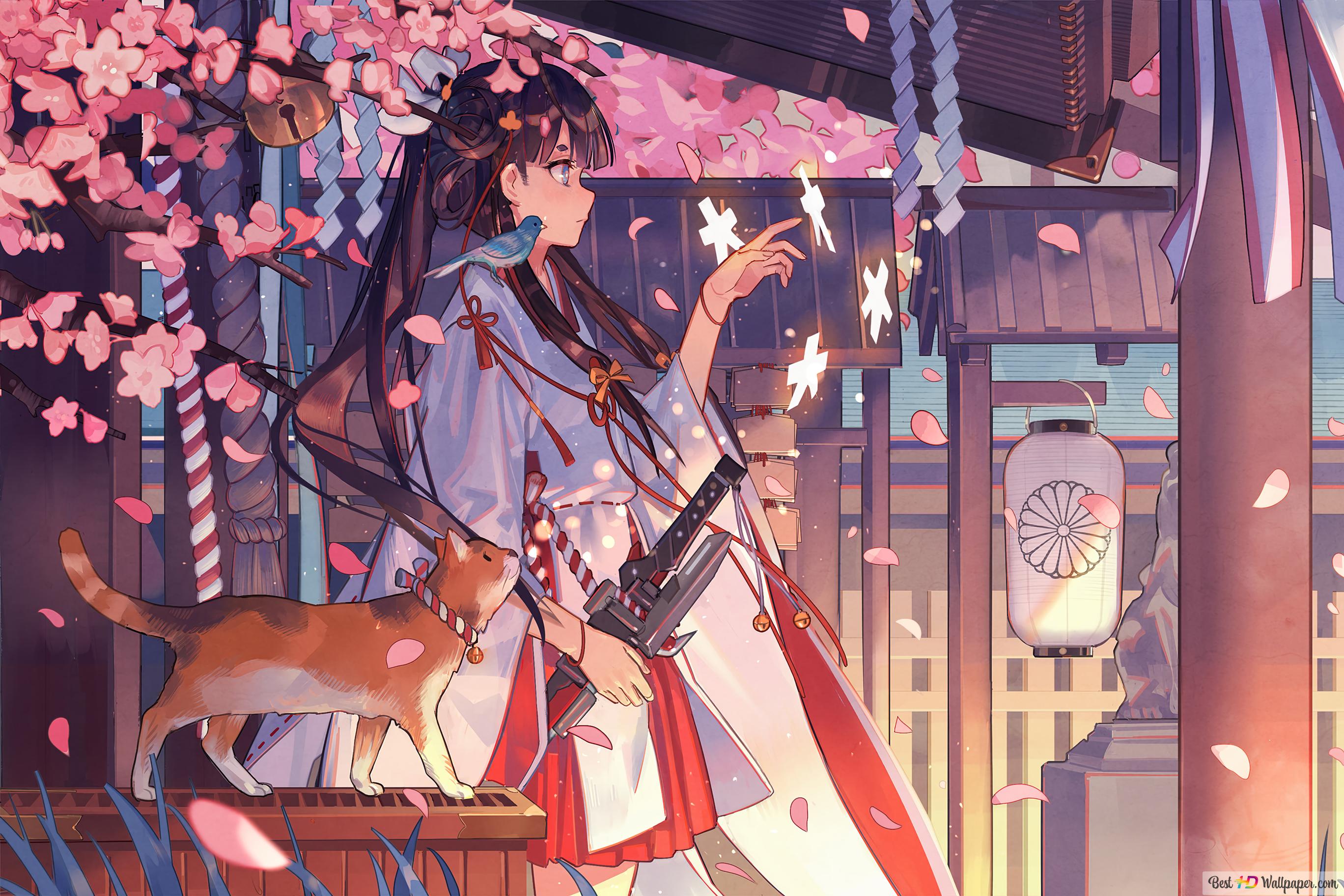 Anime Girl Kimono Cat Art 4K wallpaper download