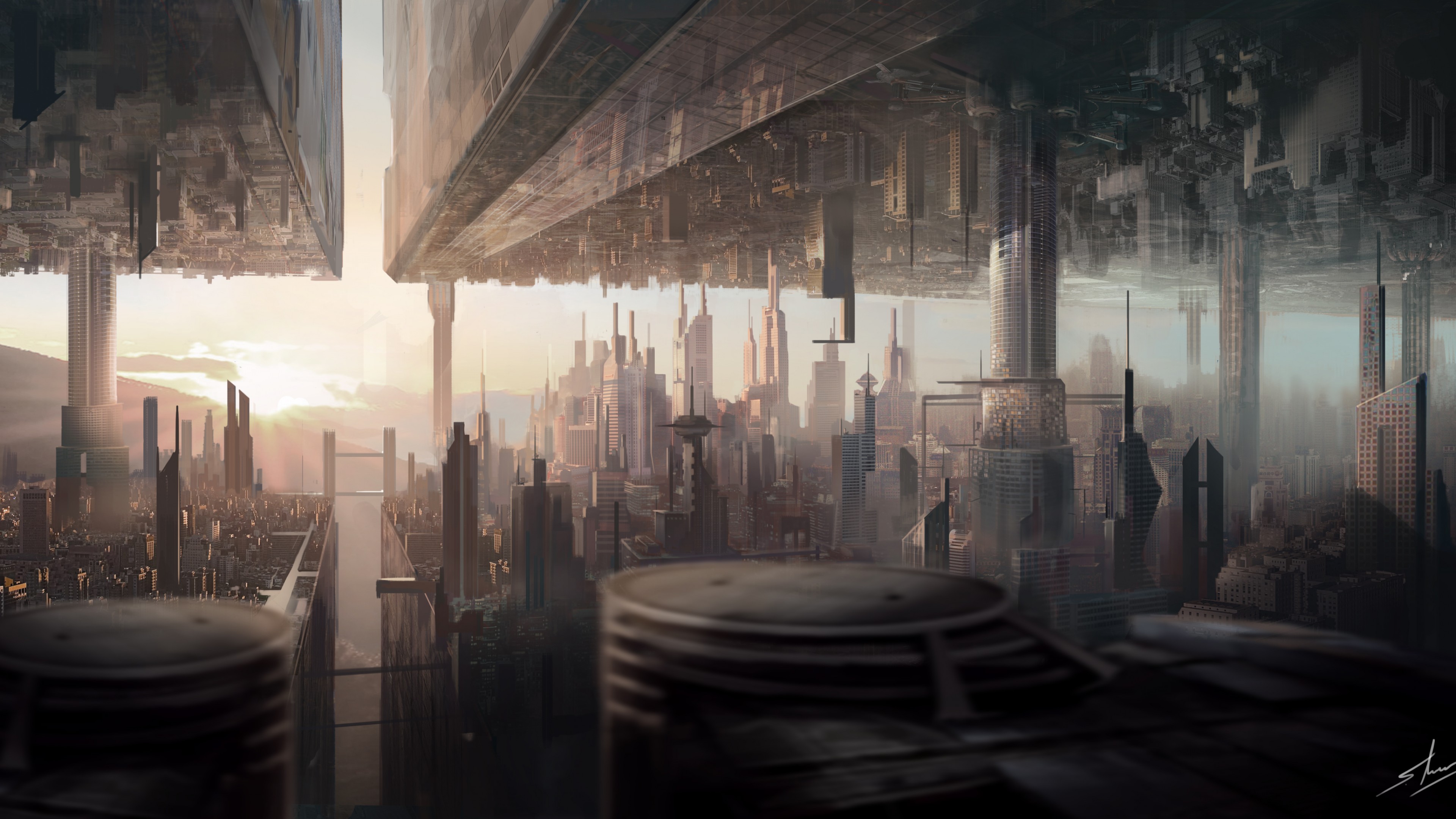 Wallpaper Matte Painting, Art, City, Urban, Futuristic, Sci Fi, Sunset, Art