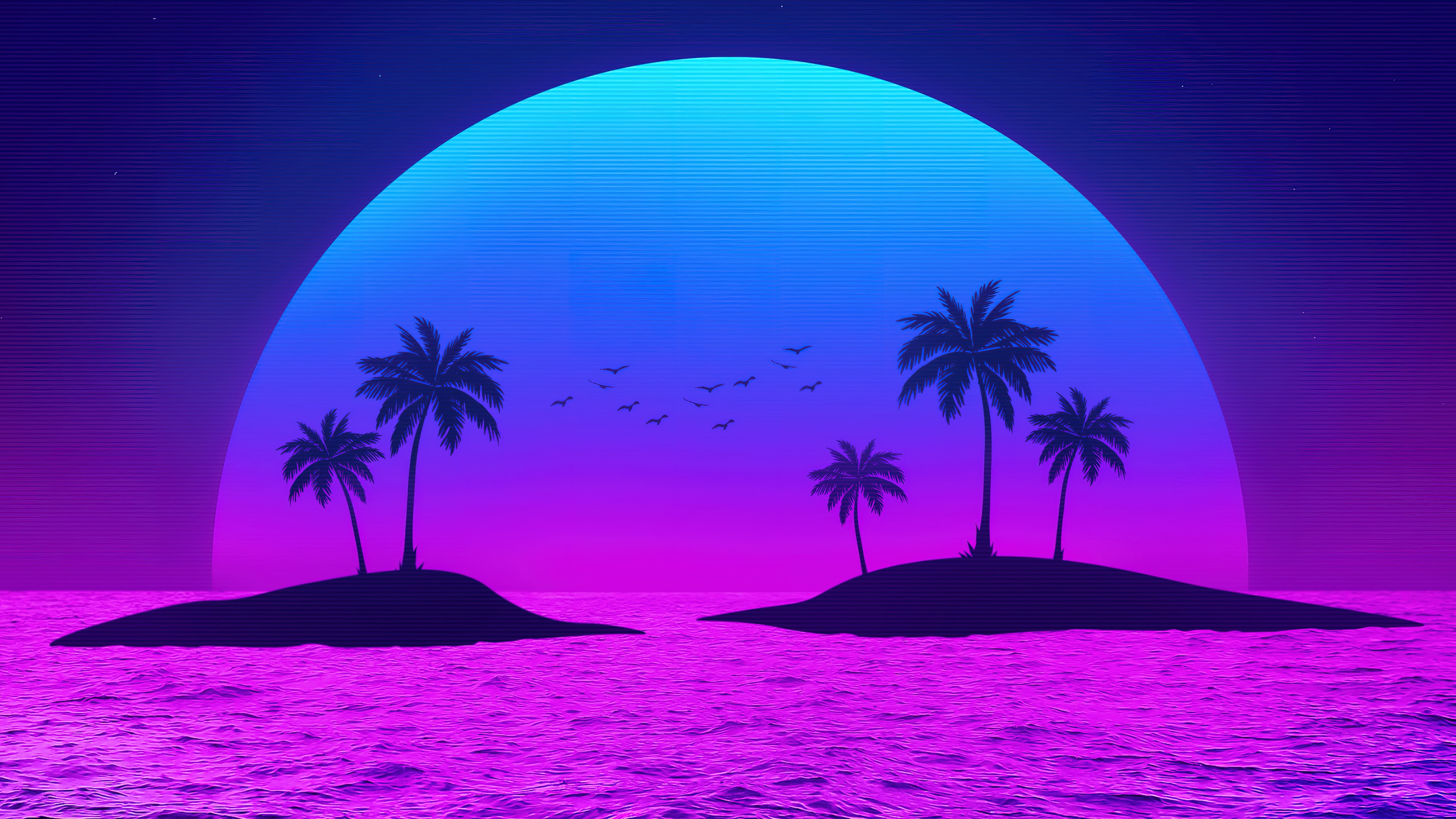 Tropical Wallpaper 4K, Islands, Palm trees, Sunset, Neon