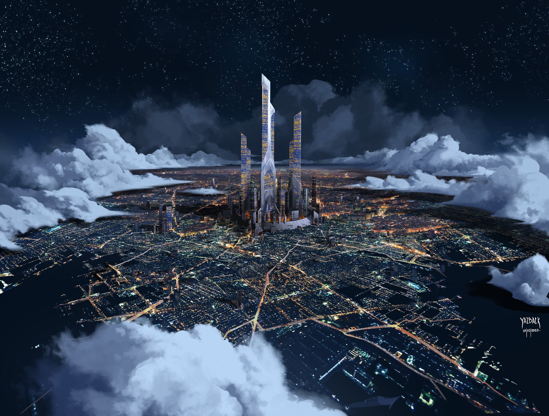 Wallpaper / 1080P, futuristic, night, stars, Yazback Moya, Futurism, digital art, city, clouds, NightCity free download
