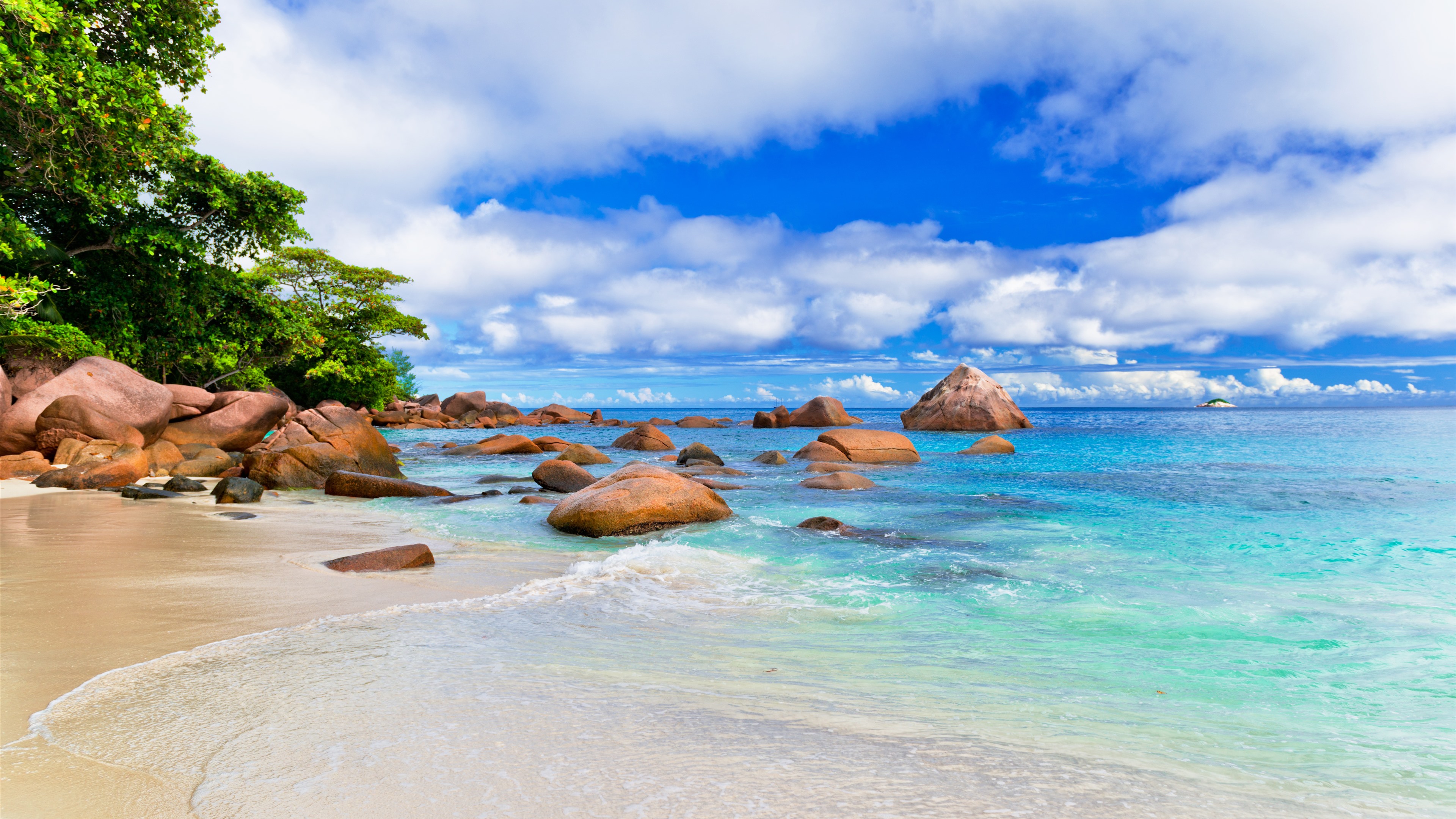 Wallpaper Tropical, island, trees, sea, waves, rocks, blue sky, clouds, paradise 5120x2880 UHD 5K Picture, Image