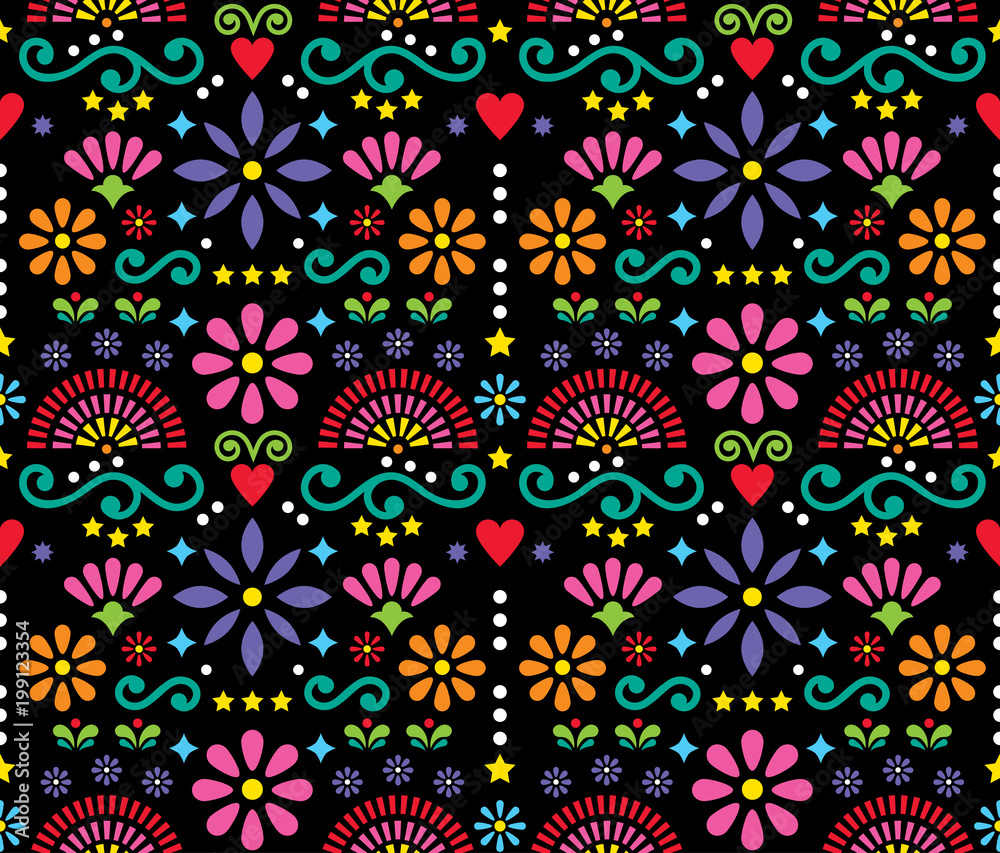 Mexican folk art seamless vector pattern, colorful design with flowers wallpaper inspired by traditional designs from Mexico Stock Vector