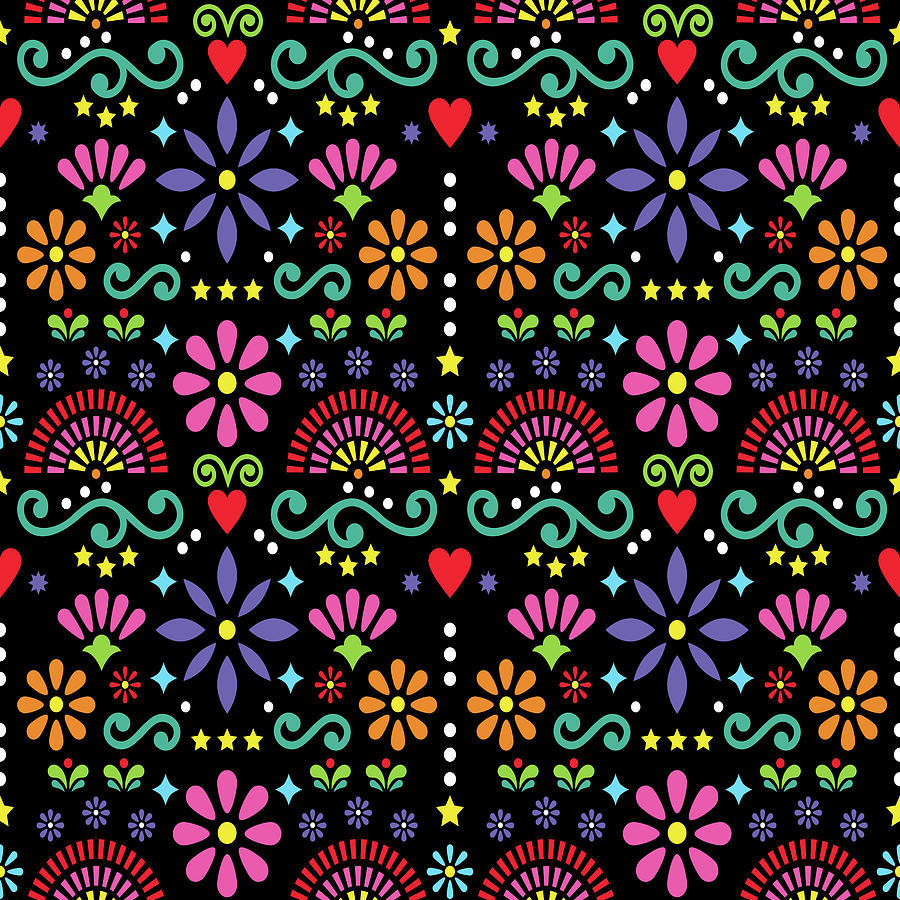 Mexican folk art seamless pattern, colorful design with flowers wallpaper inspired by traditional designs from Mexico. Happy flowers and abstract shapes ornament, retro background Drawing