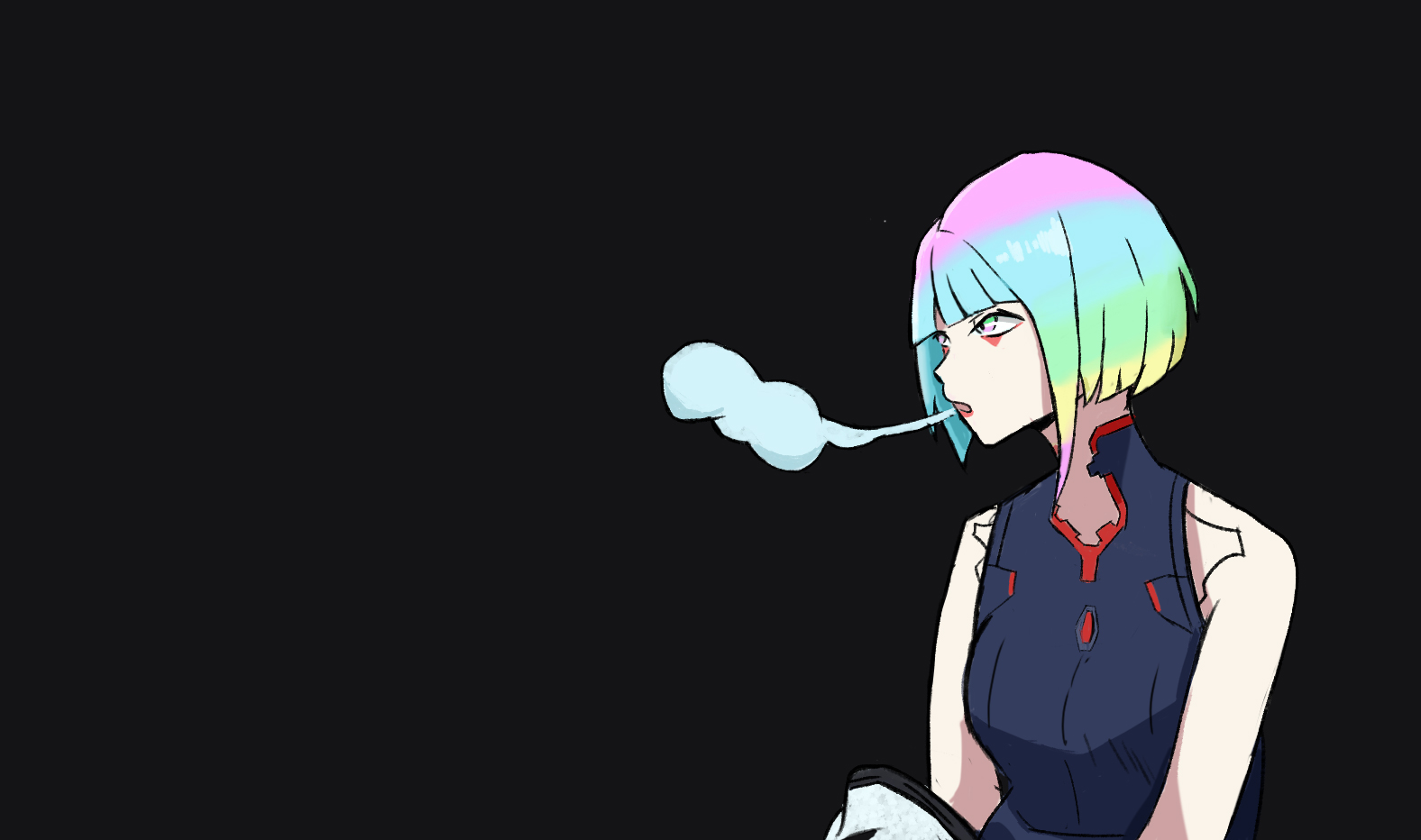 Wallpaper, anime girls, cyber, Cyberpunk edgerunners, portrait display, Cyberpunk 2077, Lucyna Kushinada Cyberpunk Edgerunners, smoking, cigarettes, multi colored hair, simple background, black background, minimalism, looking away, short hair 1576x932