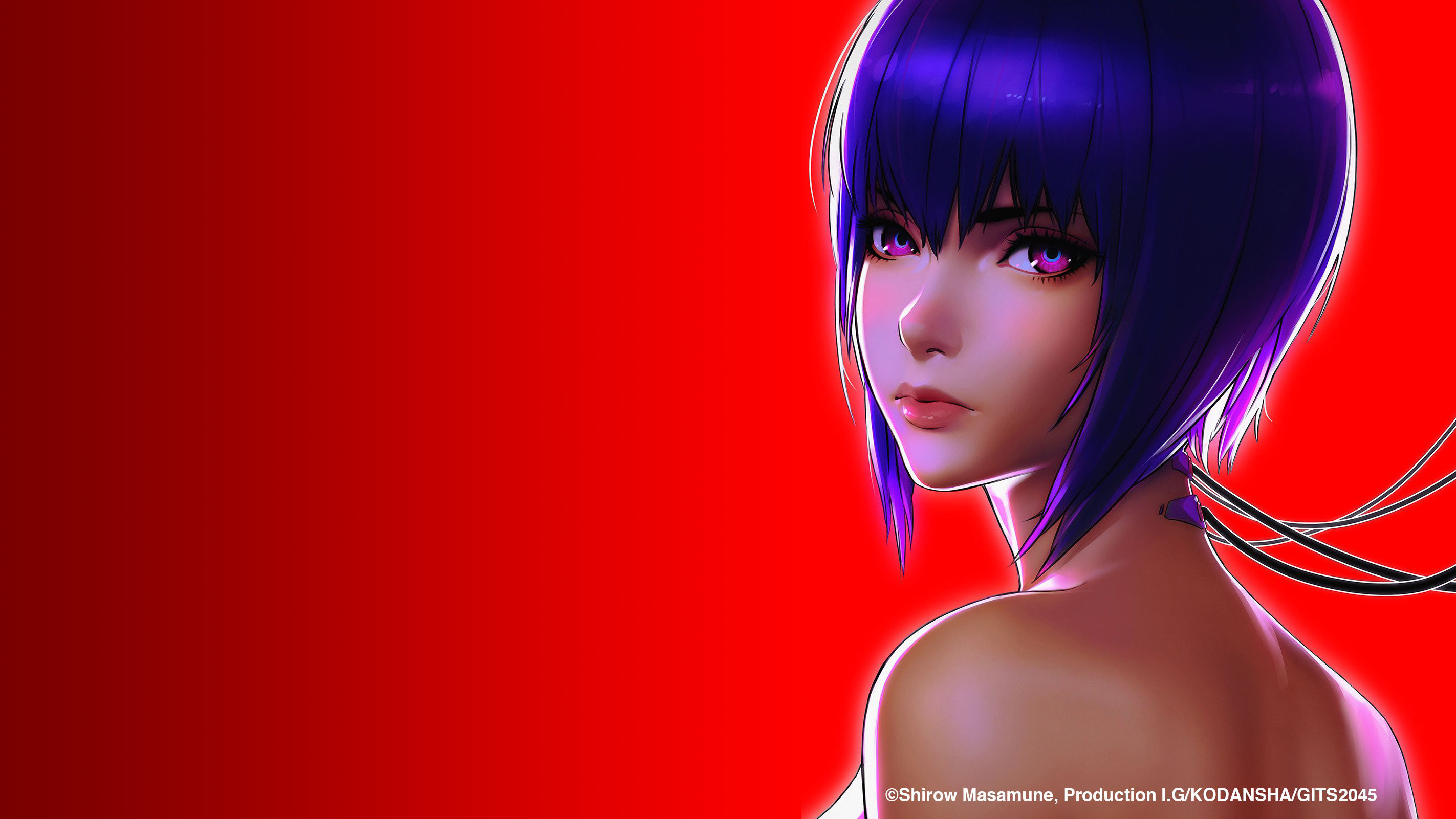 Wallpaper, Kusanagi Motoko, Ghost in the Shell SAC 2045, Ghost in the Shell, blue hair, cyberpunk, pink eyes, Masamune Shirow, bare shoulders, rear view, anime girls, red background, simple background, Major