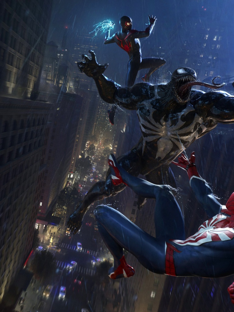 Venom, Miles Morales, Spider Man Fight In Spider Man 2 Game Wallpaper 4K